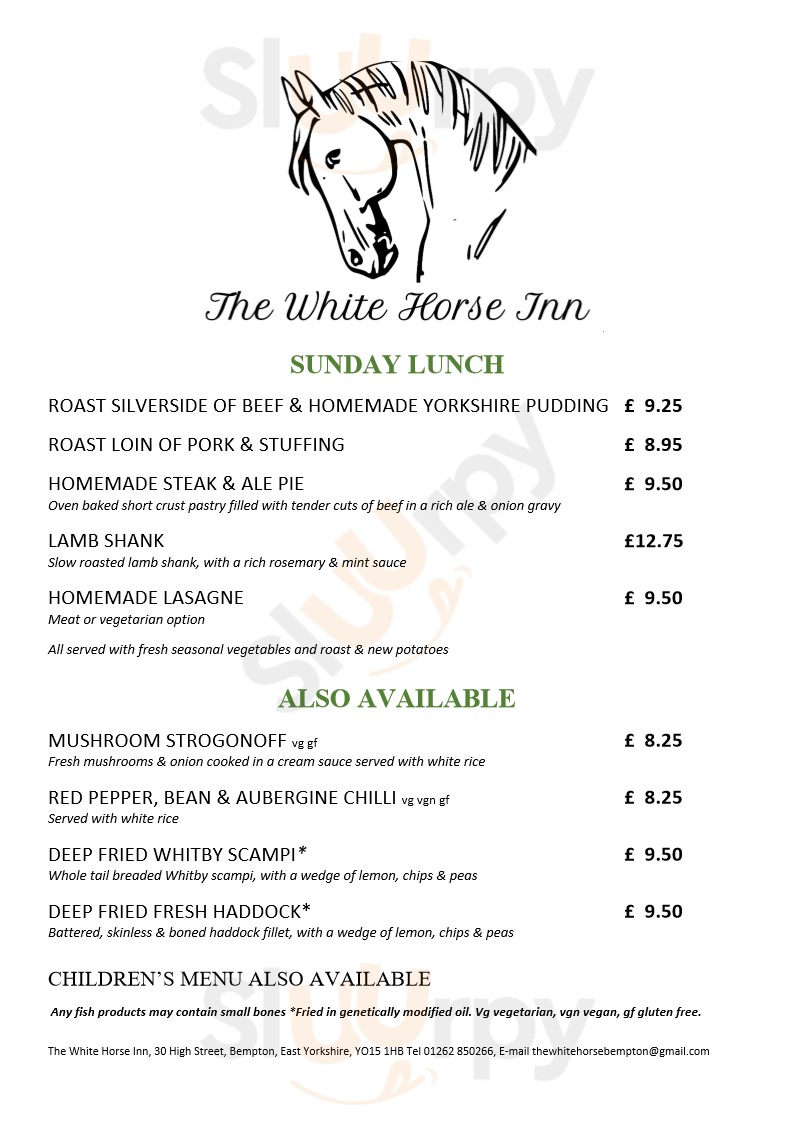 The White Horse menù, Bempton Main Menu Sluurpy