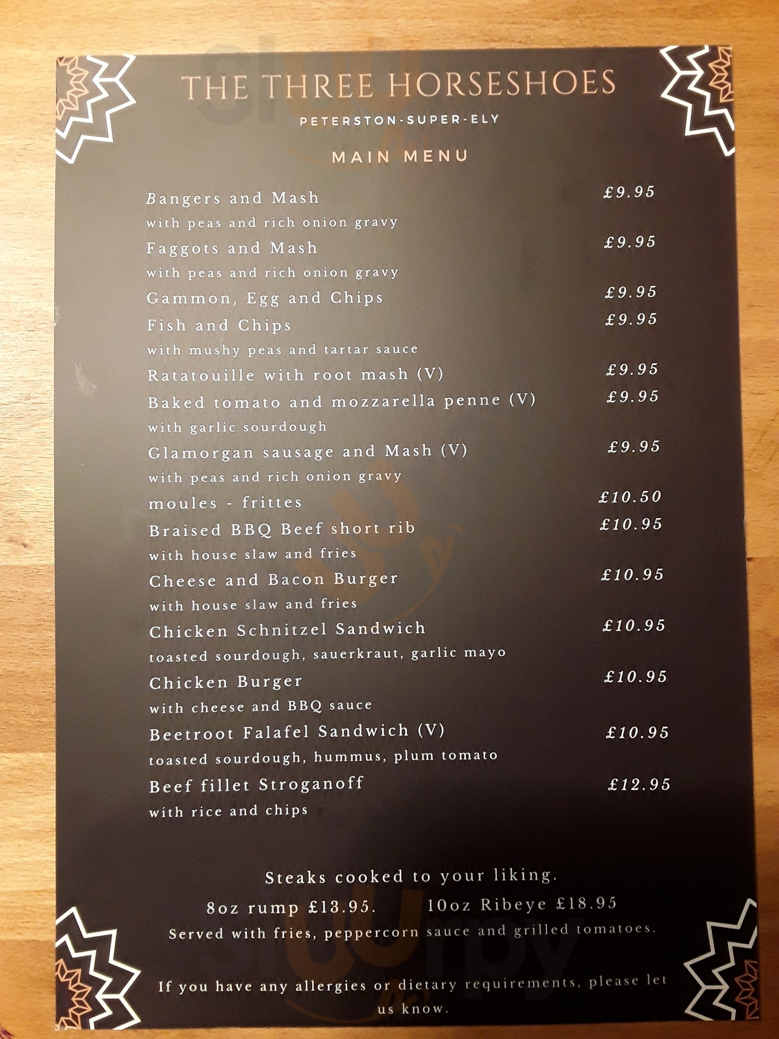 The Three Horseshoes Peterston Super Ely menù, Cardiff Main Menu