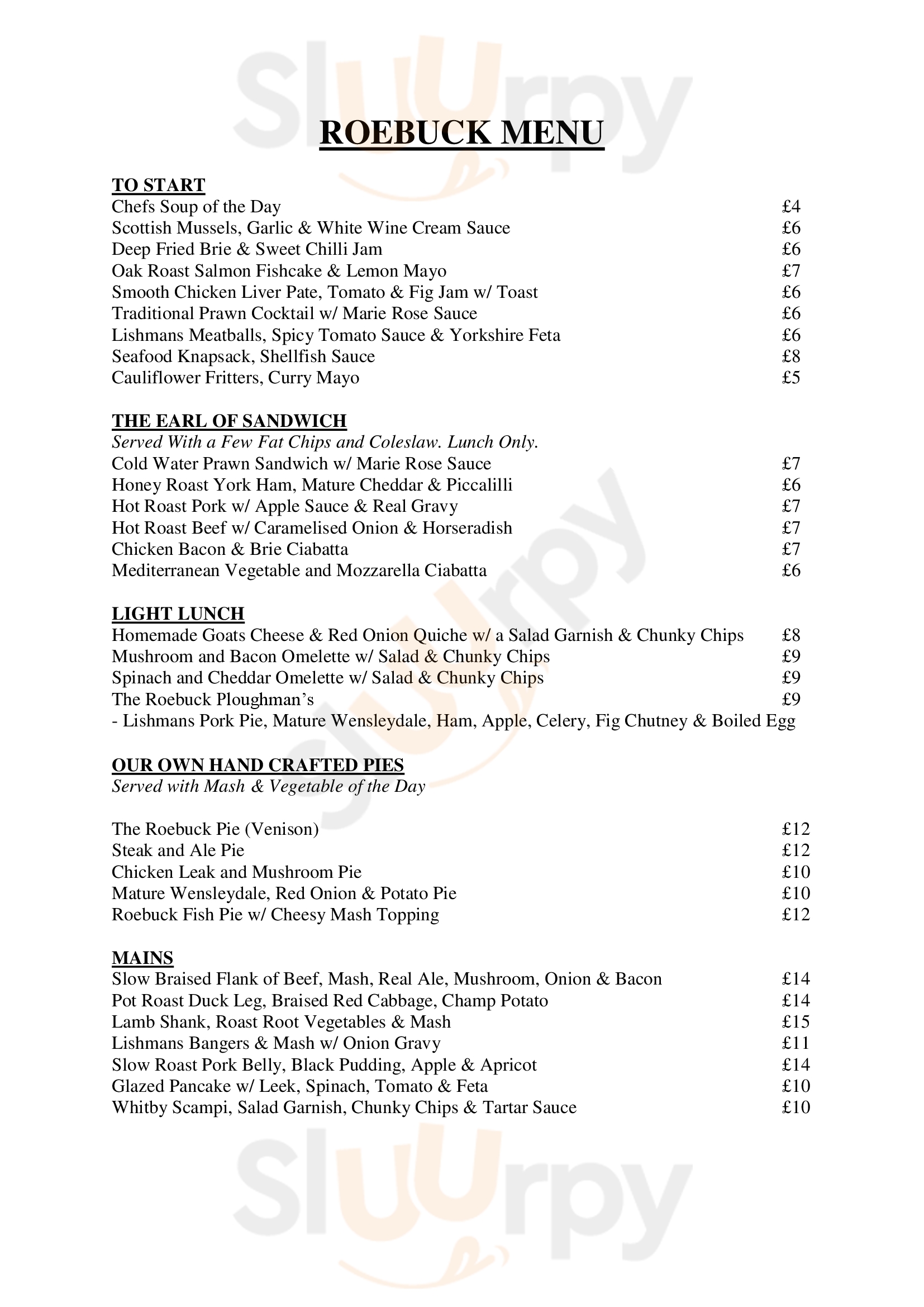 The Roebuck menù, Otley Main Menu Sluurpy