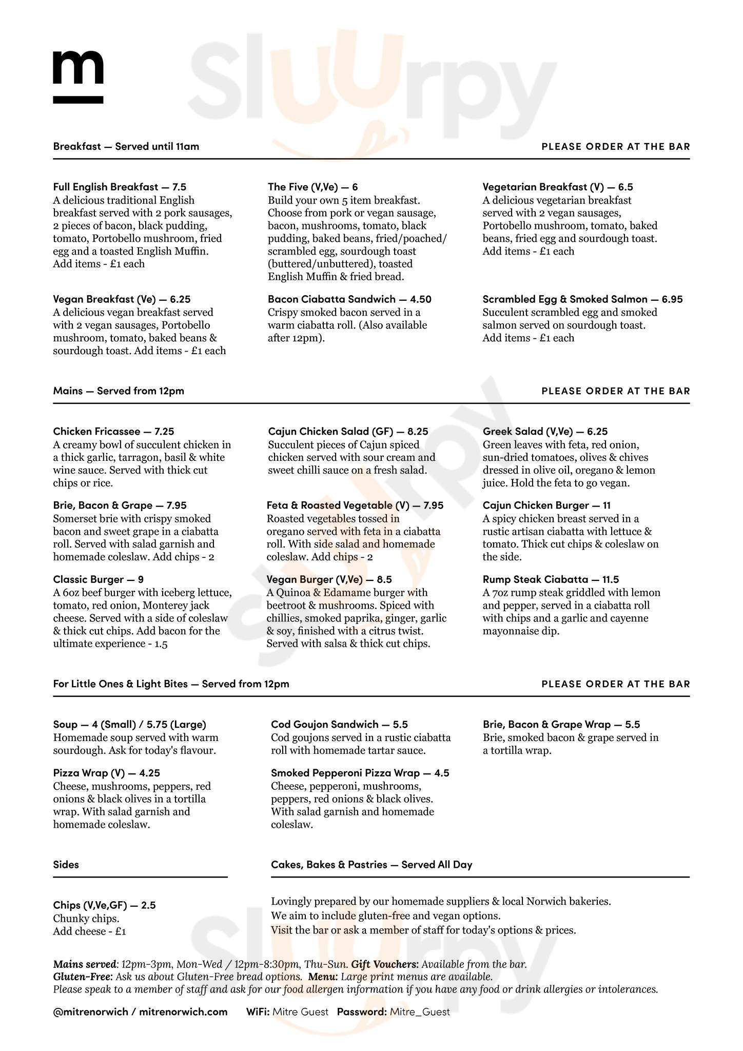 Mitre Coffee menù, Norwich Main Menu Sluurpy