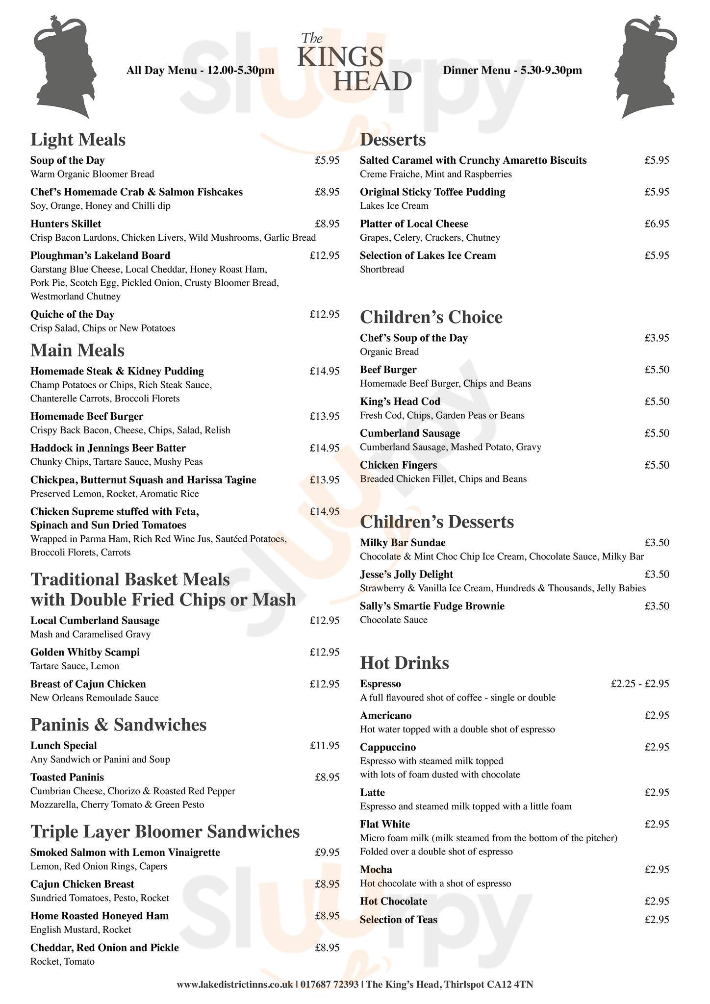 King's Head Inn menù, Thirlmere Main Menu Sluurpy