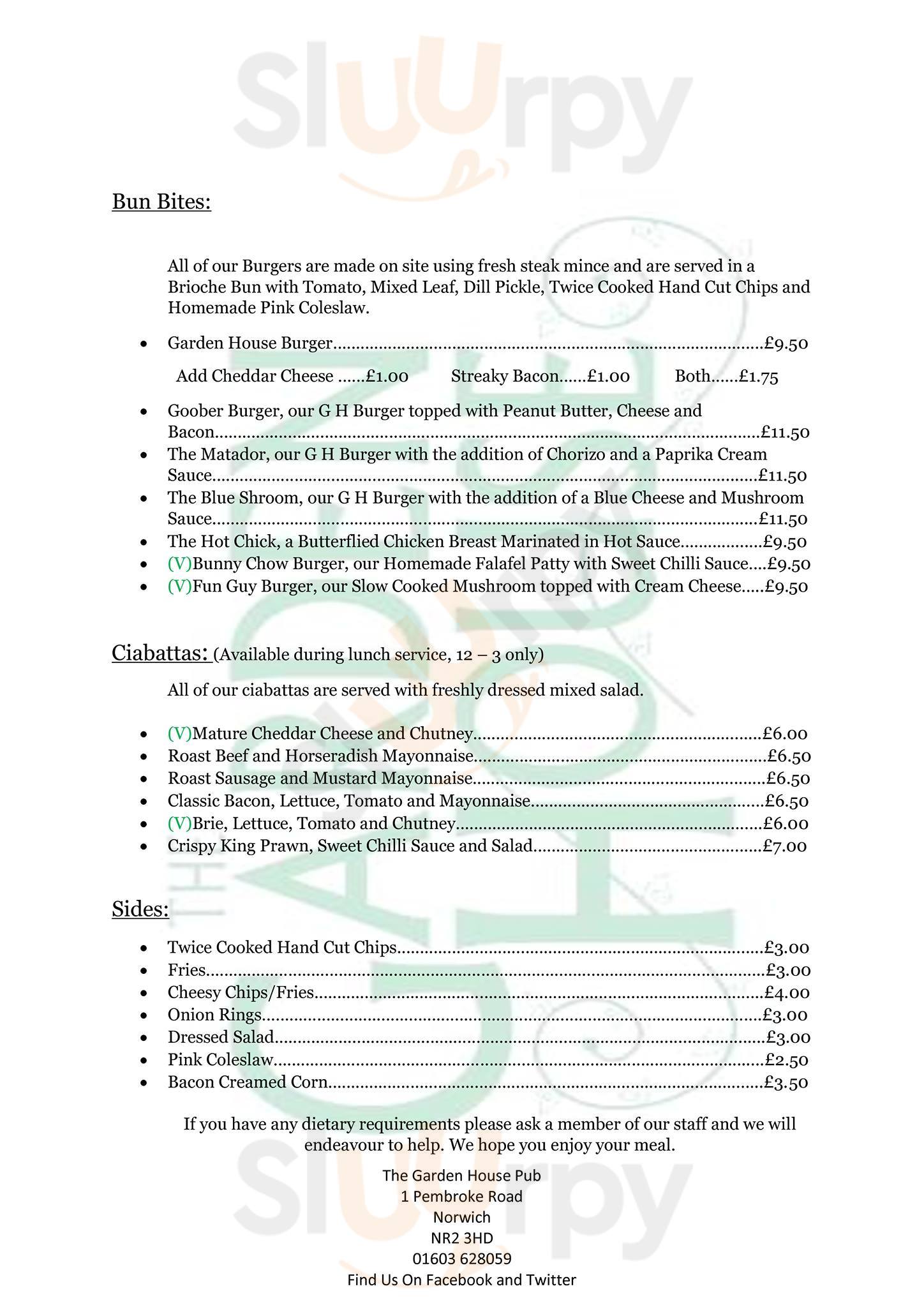 The Garden House menù, Norwich Main Menu Sluurpy