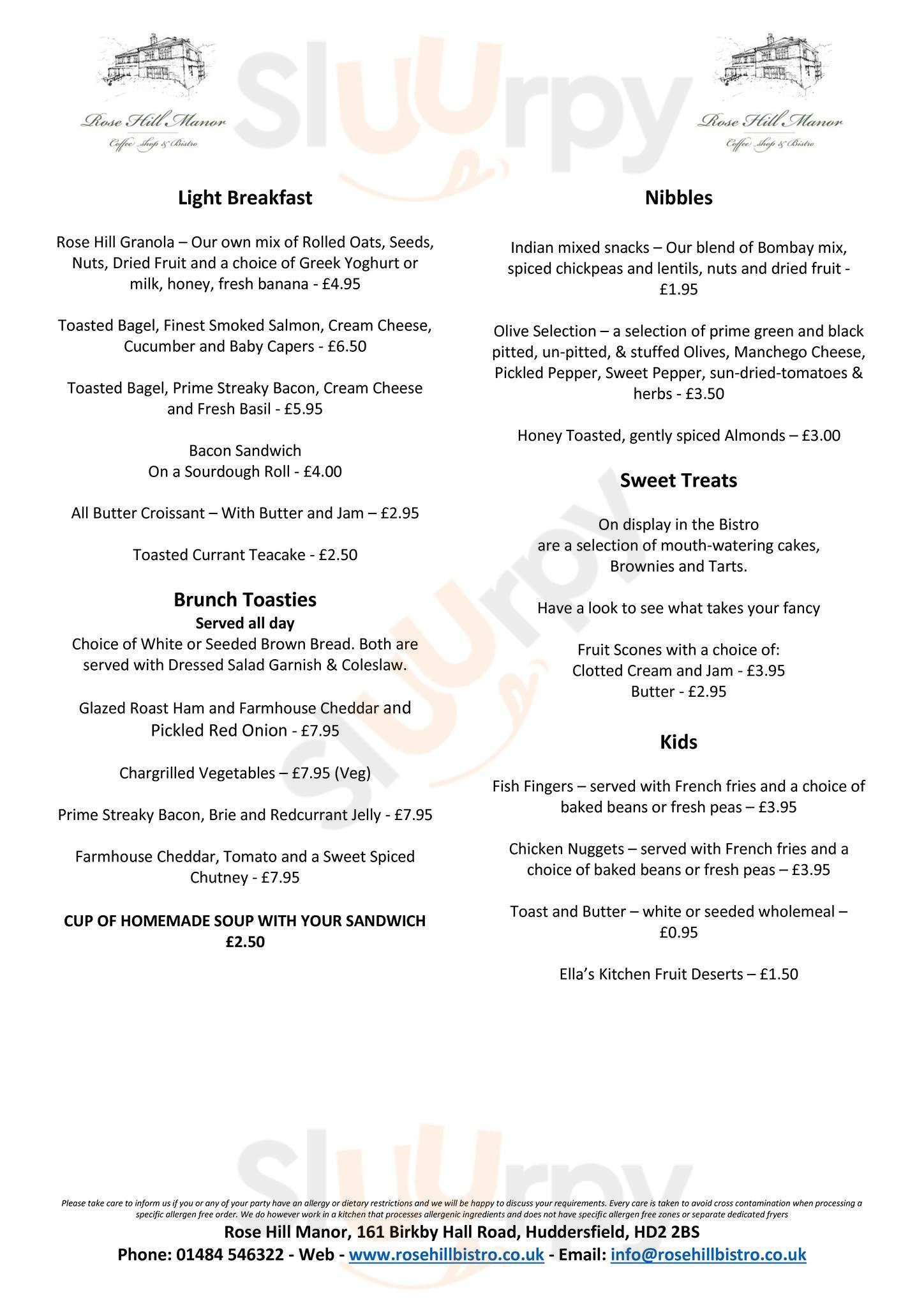 Rose Hill Manor Coffee Shop & Bistro menù, Huddersfield Main Menu
