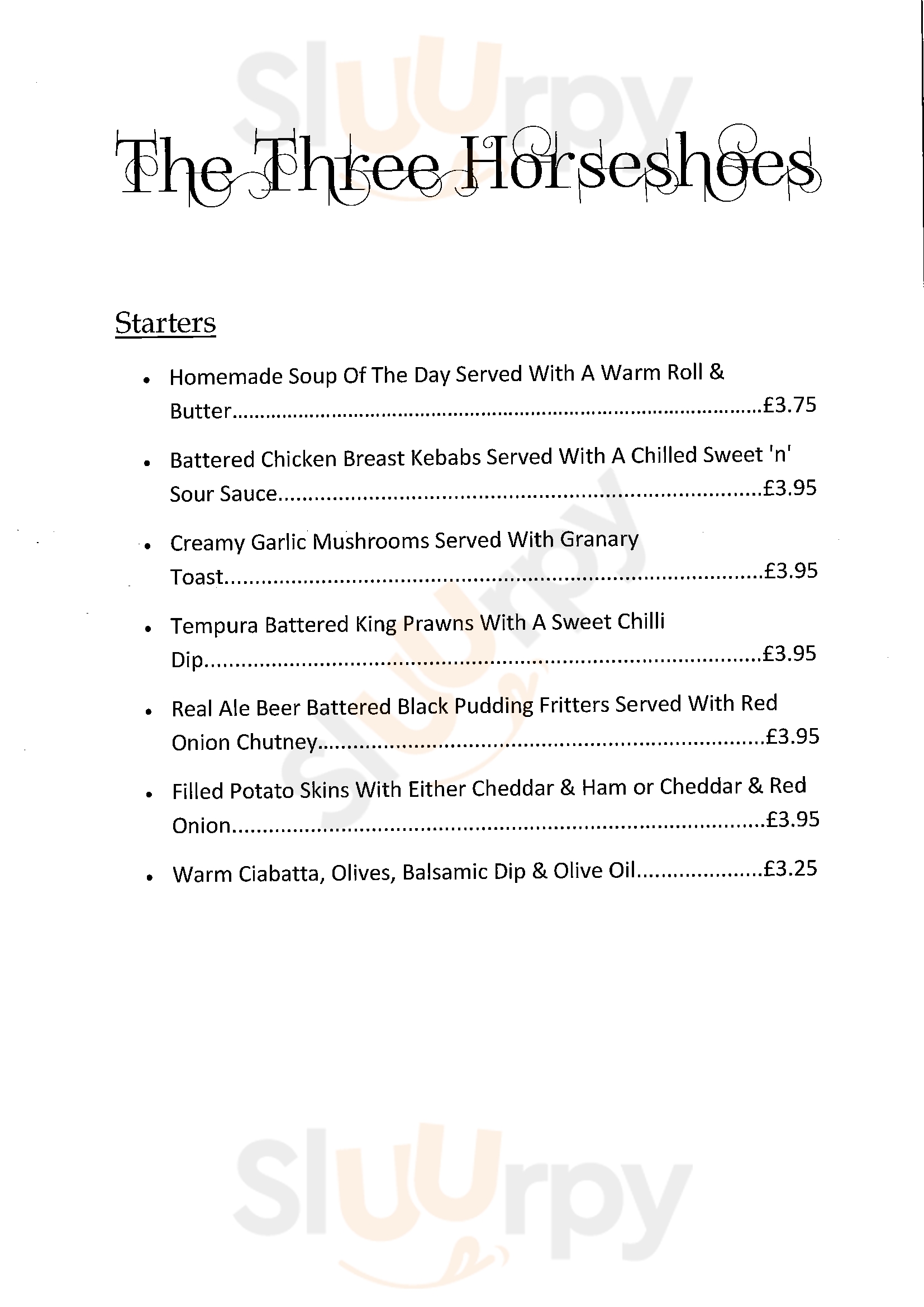 The Three Horseshoes menù, Clay Cross Main Menu Sluurpy