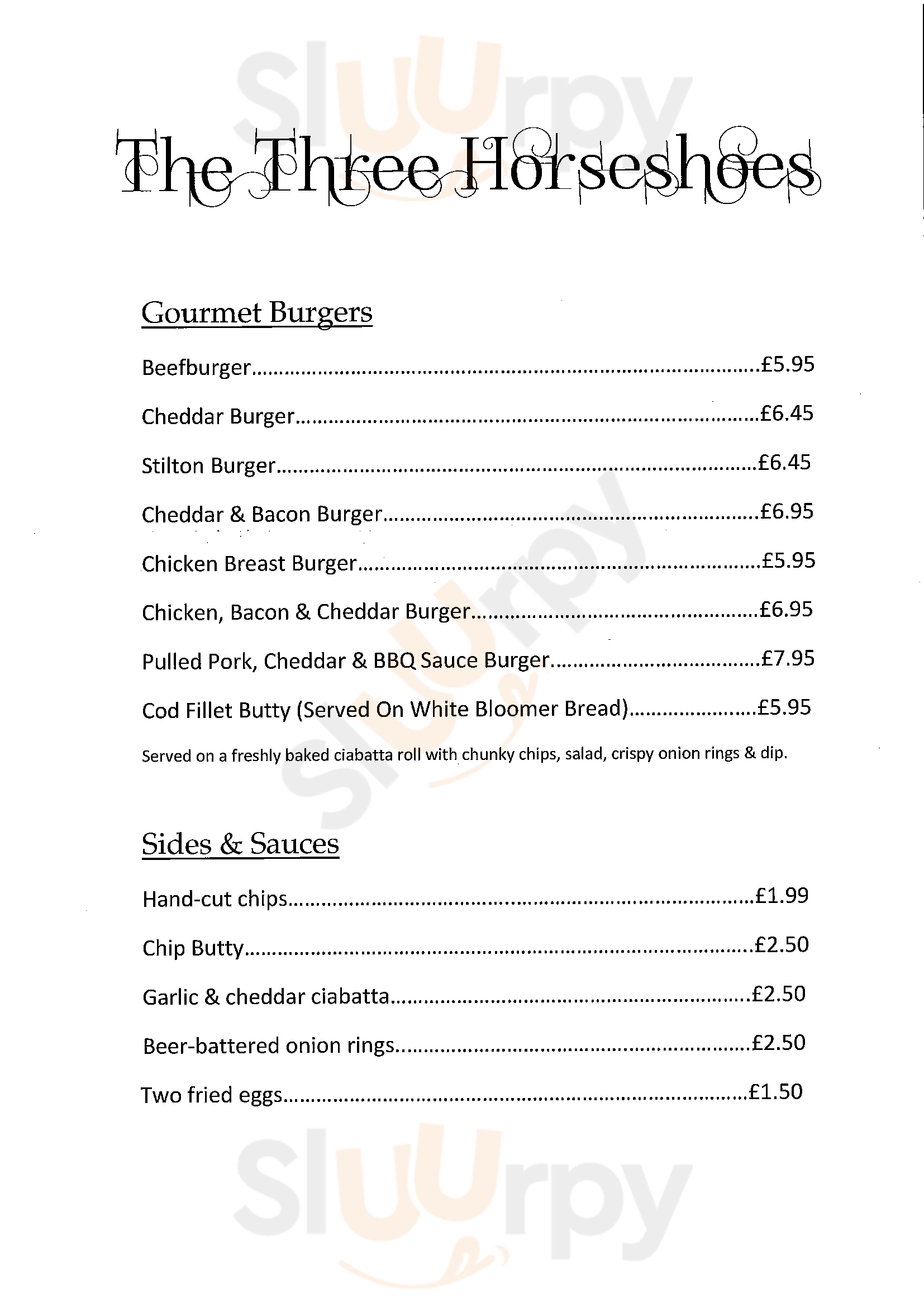 The Three Horseshoes menù, Clay Cross Main Menu Sluurpy