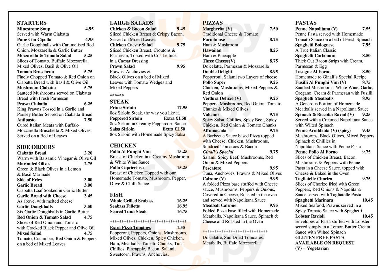 Ginali's menù, Poole Main Menu Sluurpy