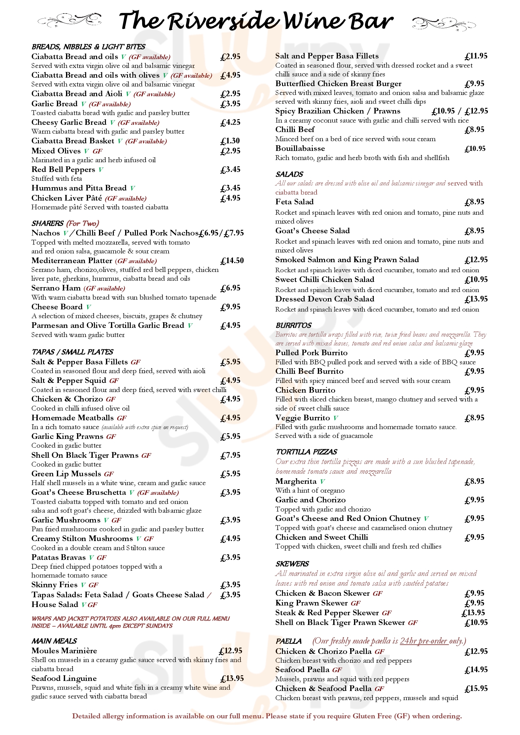 The Riverside Wine Bar menù, Chepstow Main Menu Sluurpy