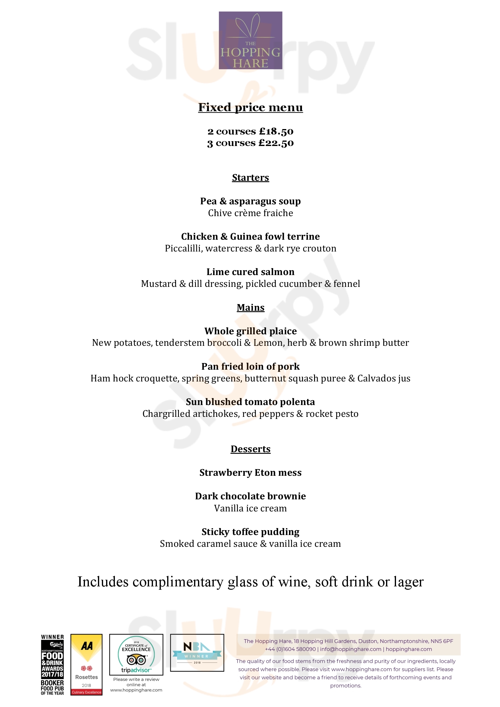 The Hopping Hare menù, Northampton Main Menu Sluurpy