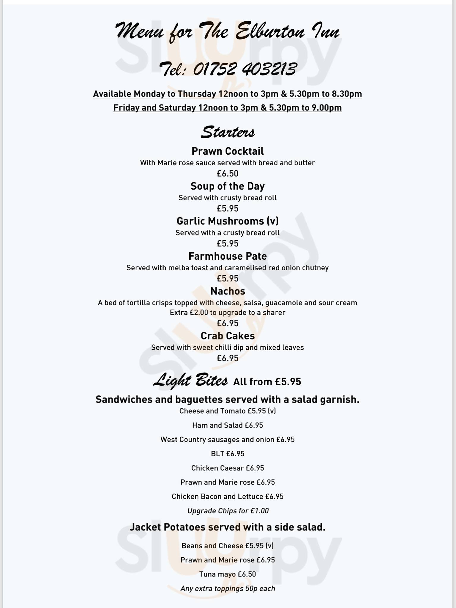 The Elburton Inn menù, Plymouth Main Menu Sluurpy