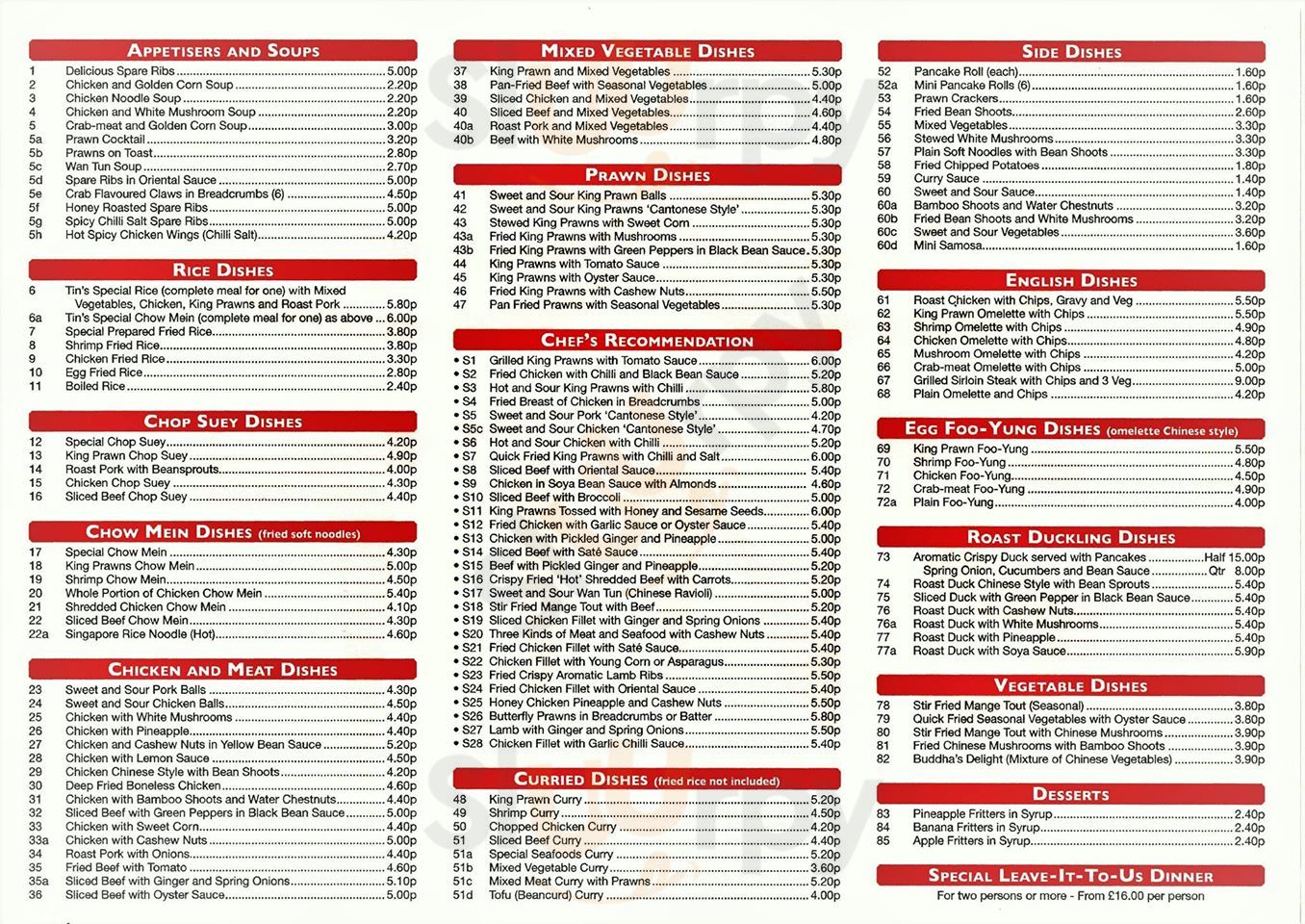 Tins Willows Garden menù, Colchester Main Menu Sluurpy