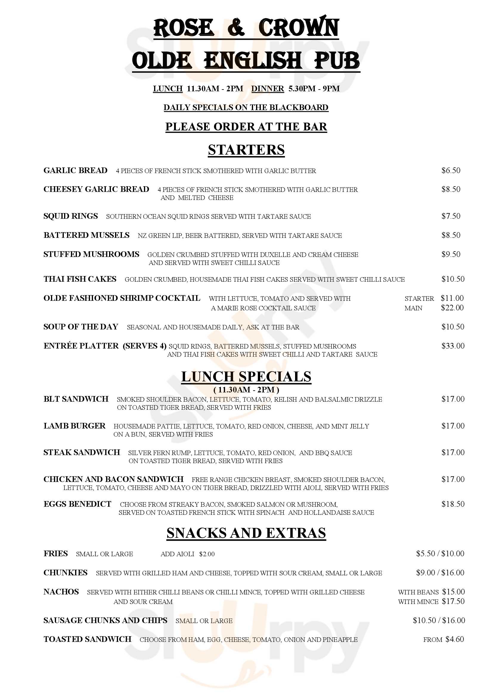 Rose And Crown Olde English Pub menù, Palmerston North Main Menu