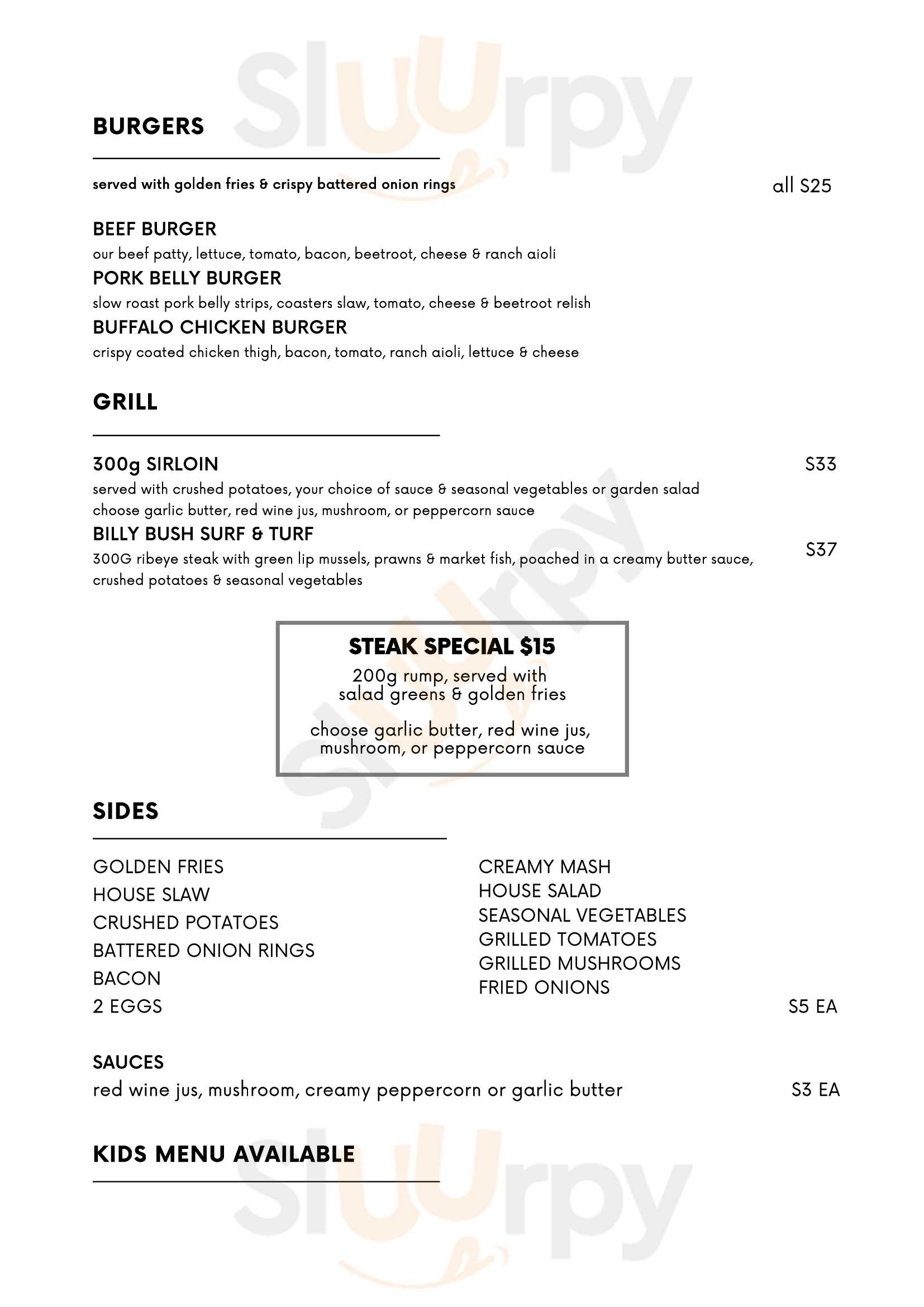 Coasters Tavern Redwood menù, Christchurch Main Menu Sluurpy