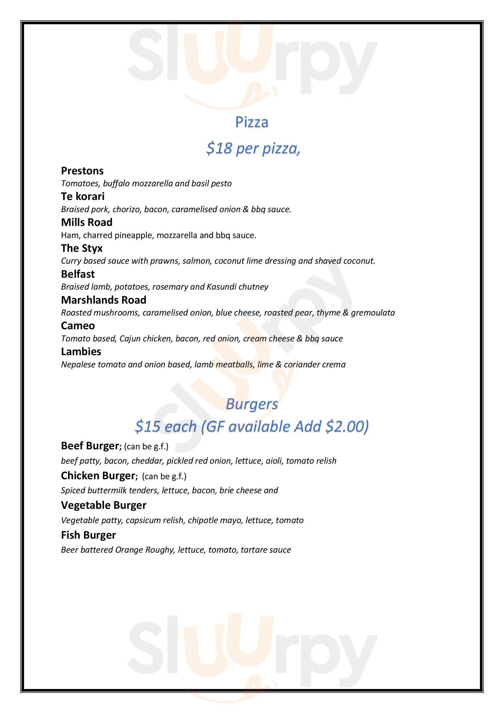 The Rowdy Kitchen menù, Christchurch Main Menu Sluurpy