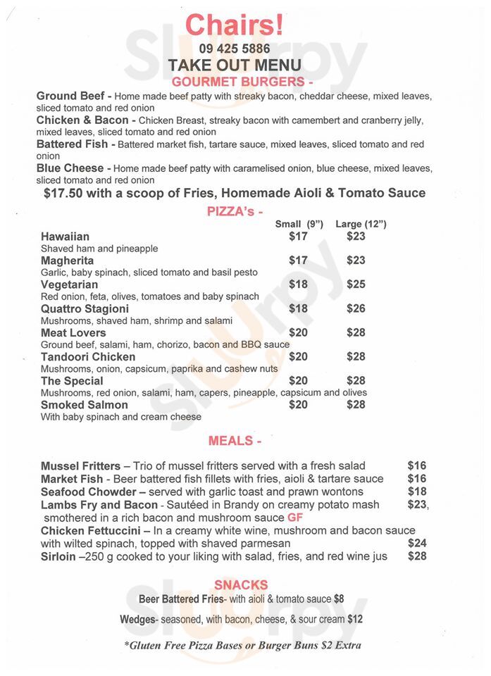 Chairs Cafe menù, Snells Beach All Sluurpy