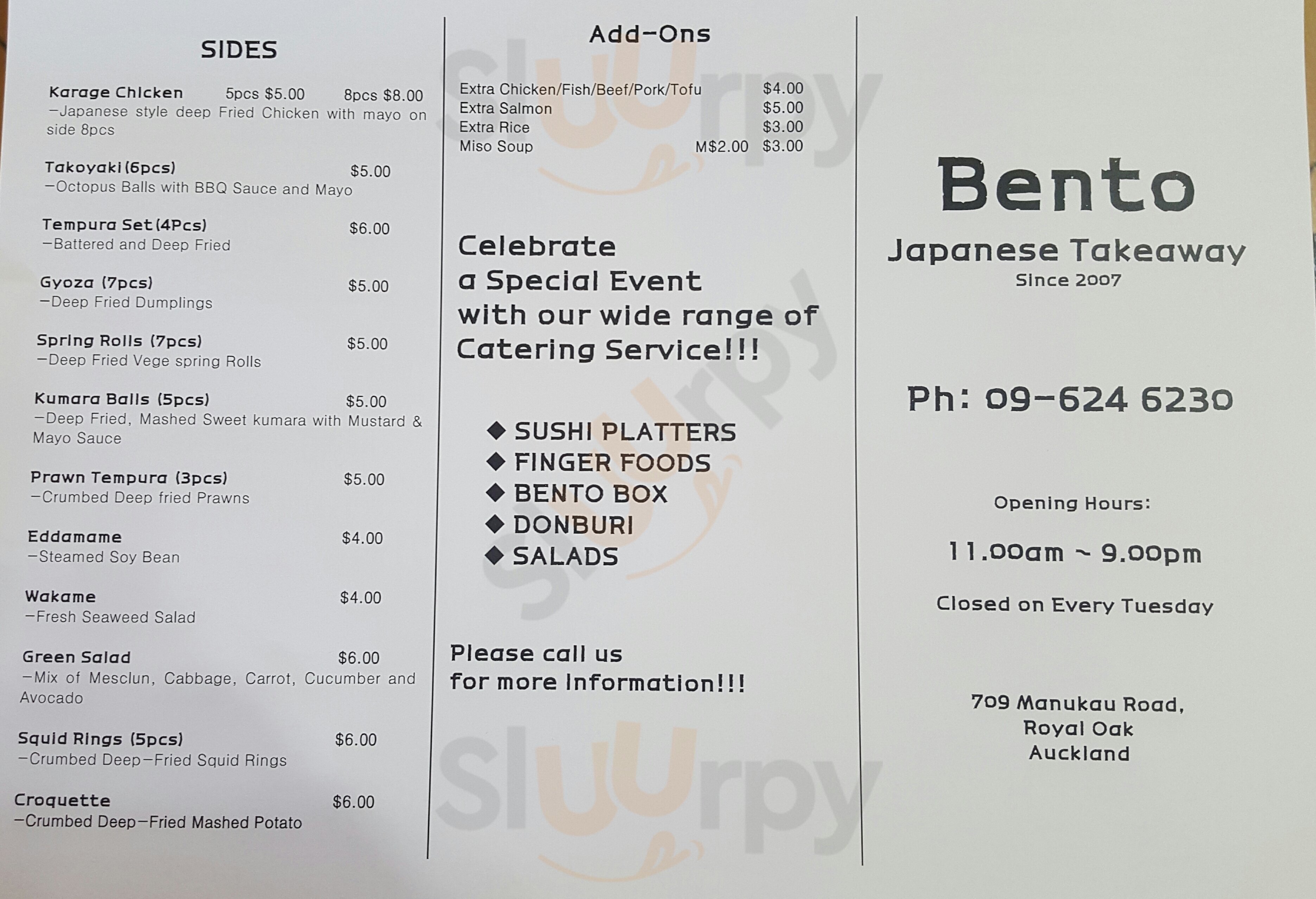 Bento Japanese menù, Auckland Central All Sluurpy