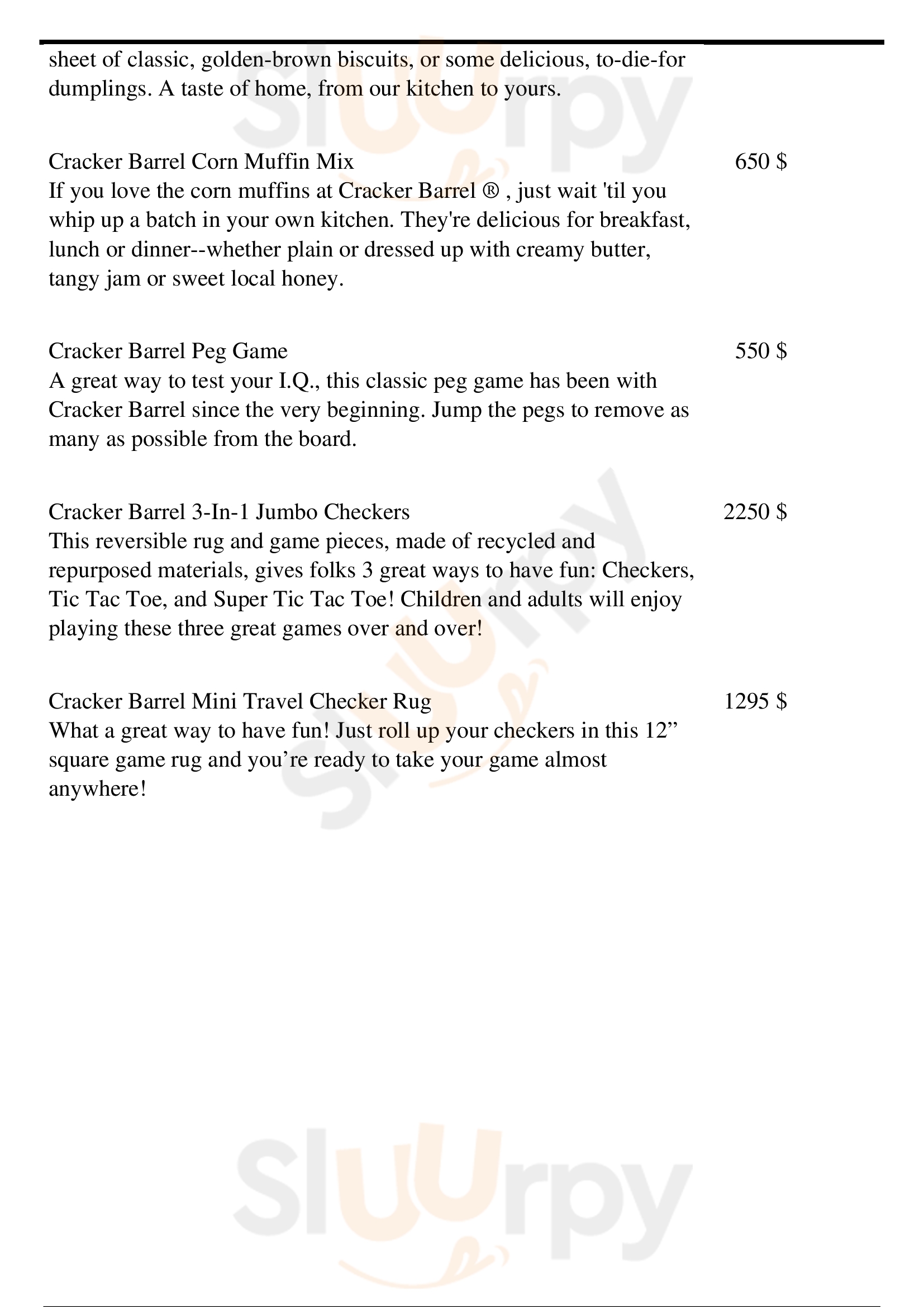 Cracker Barrel menù, Pensacola Main Menu Sluurpy