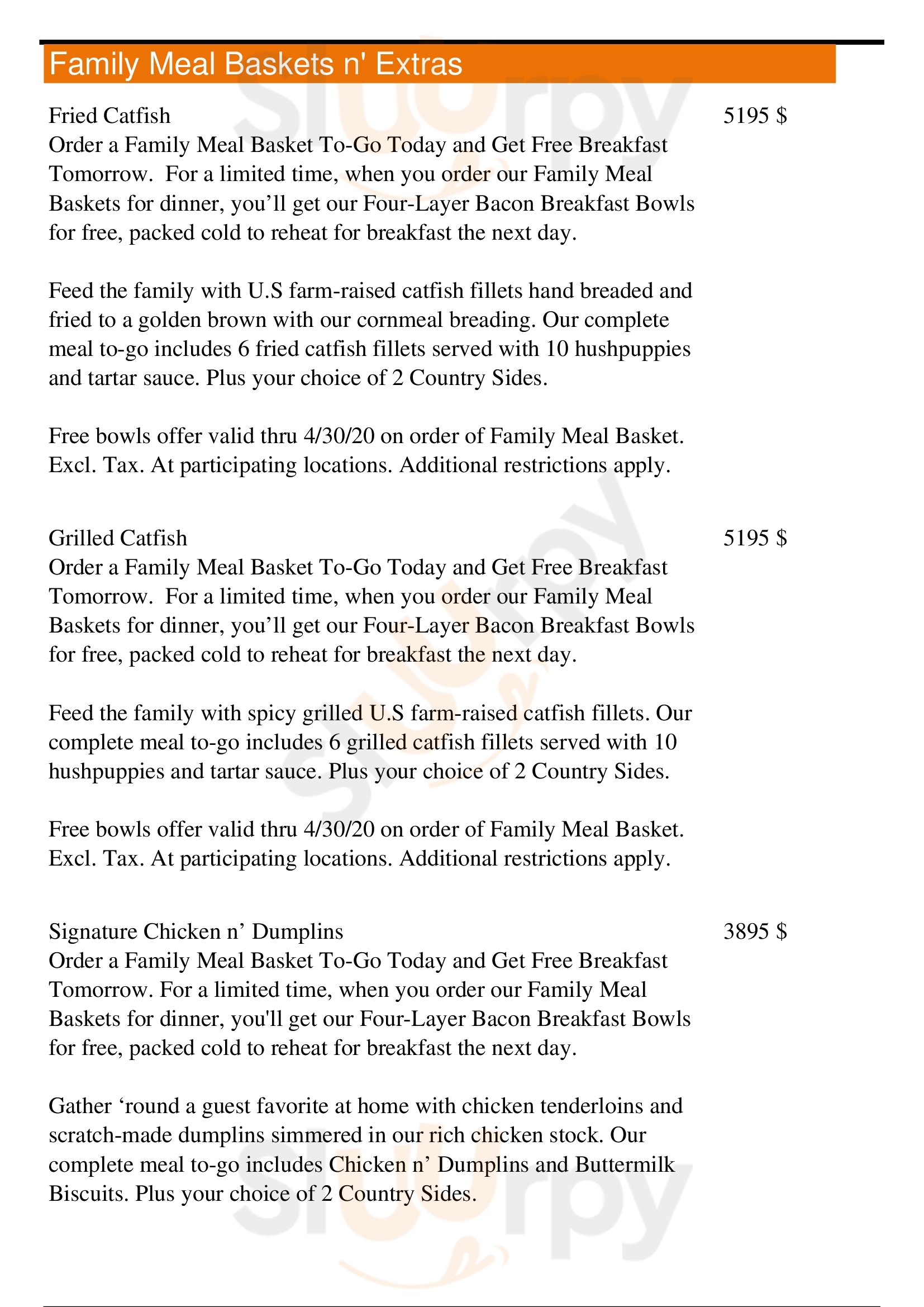 Cracker Barrel menù, Pensacola Main Menu Sluurpy