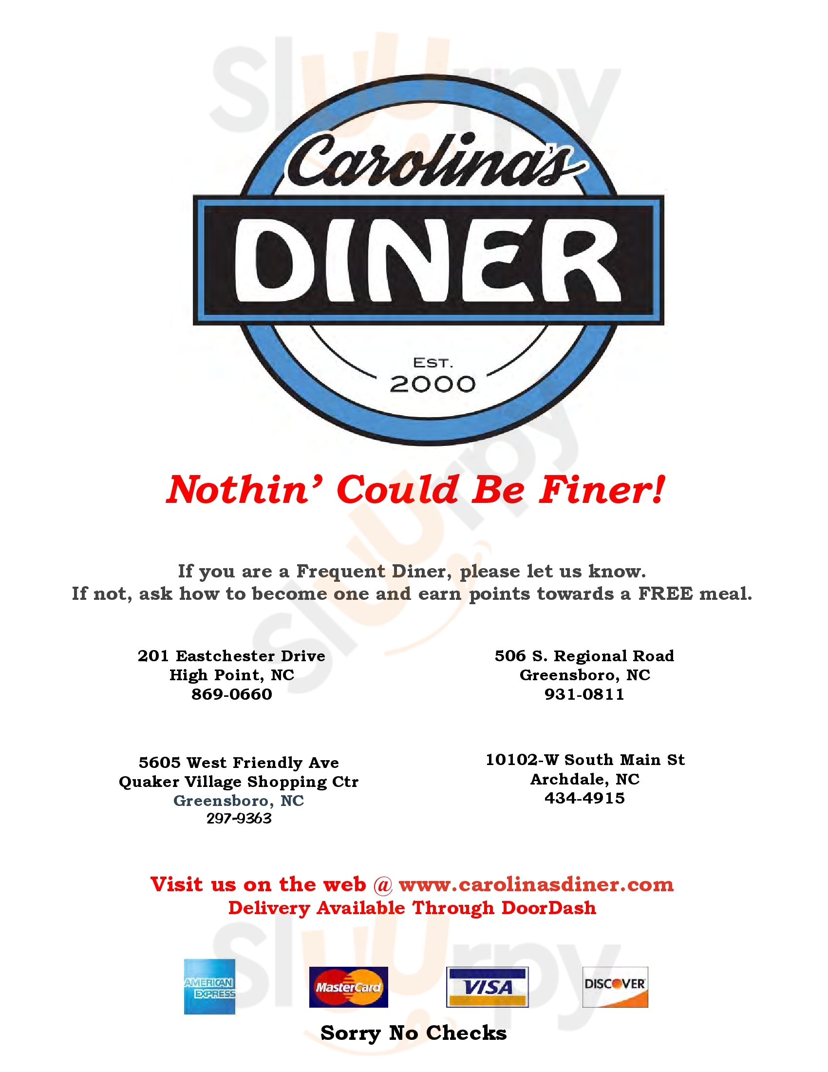 Carolina's Diner menù, Greensboro Main Menu Sluurpy