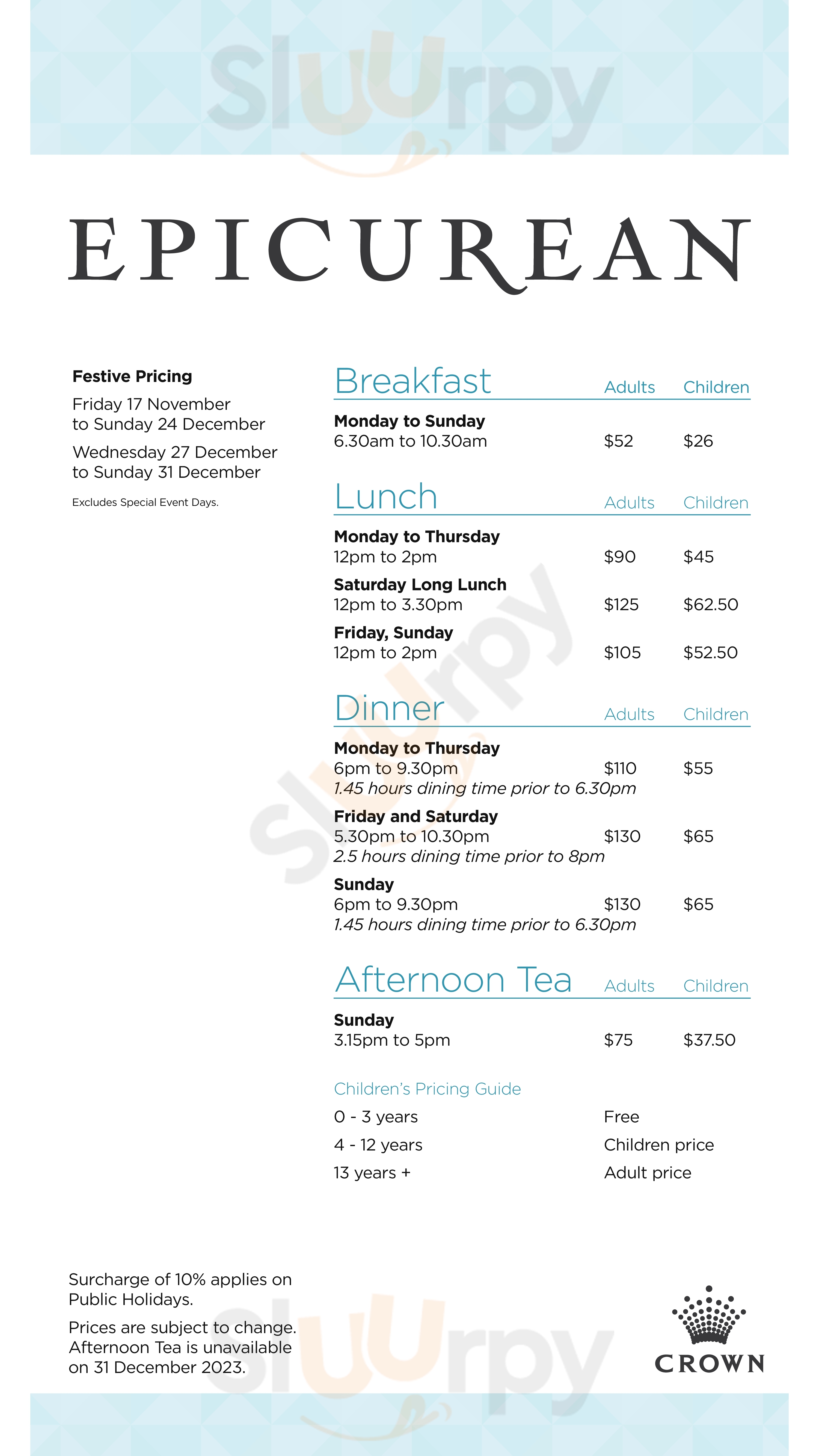 Epicurean menù, Perth Main Menu Sluurpy