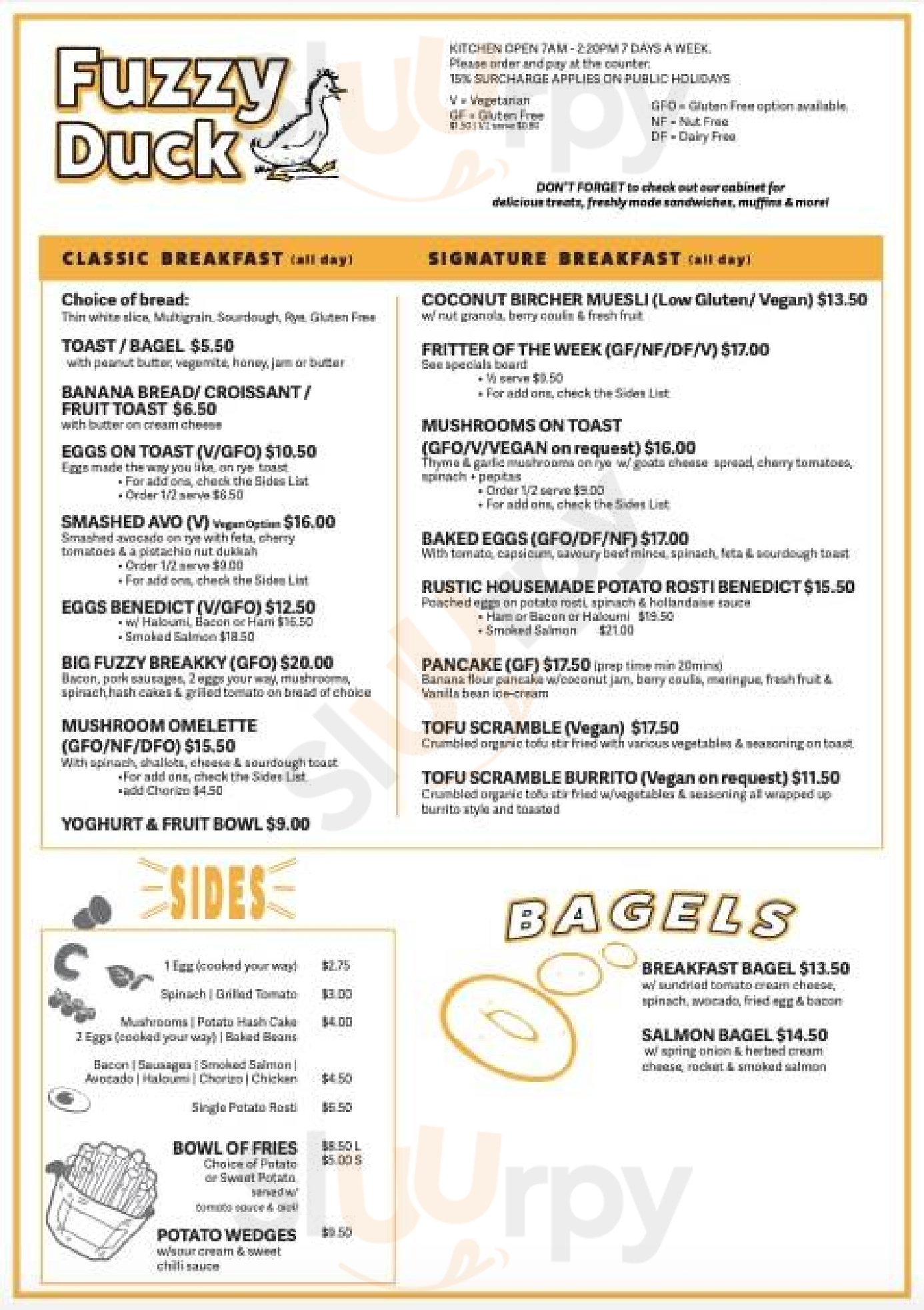Fuzzy Duck Cafe menù, Brisbane Main Menu Sluurpy
