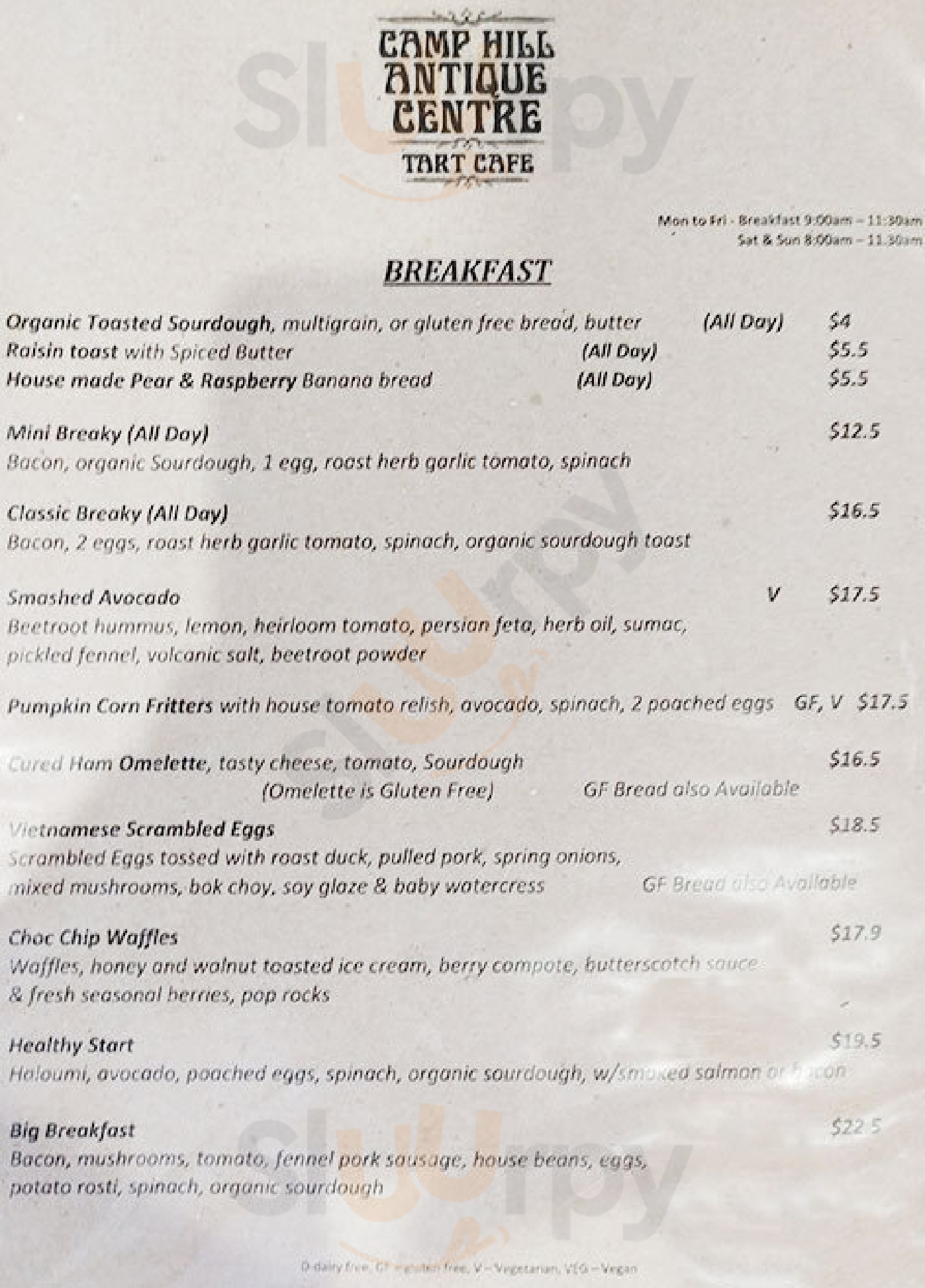 Camp Hill Antique Centre & Tart Cafe menù, Brisbane Main Menu Sluurpy