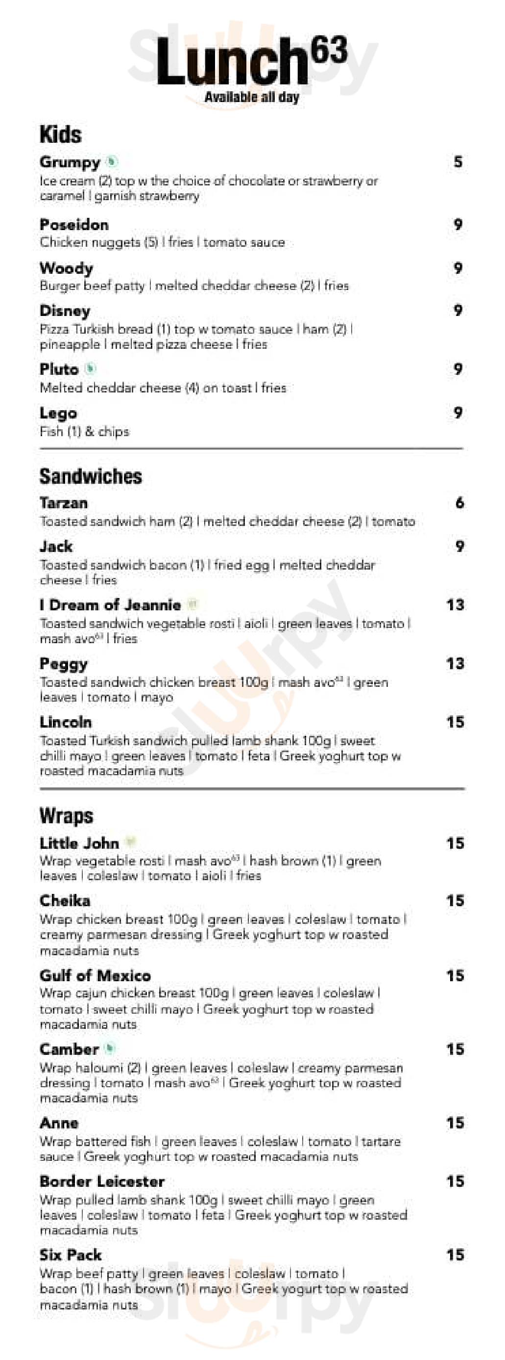 Cafe 63 menù, Brisbane Main Menu Sluurpy