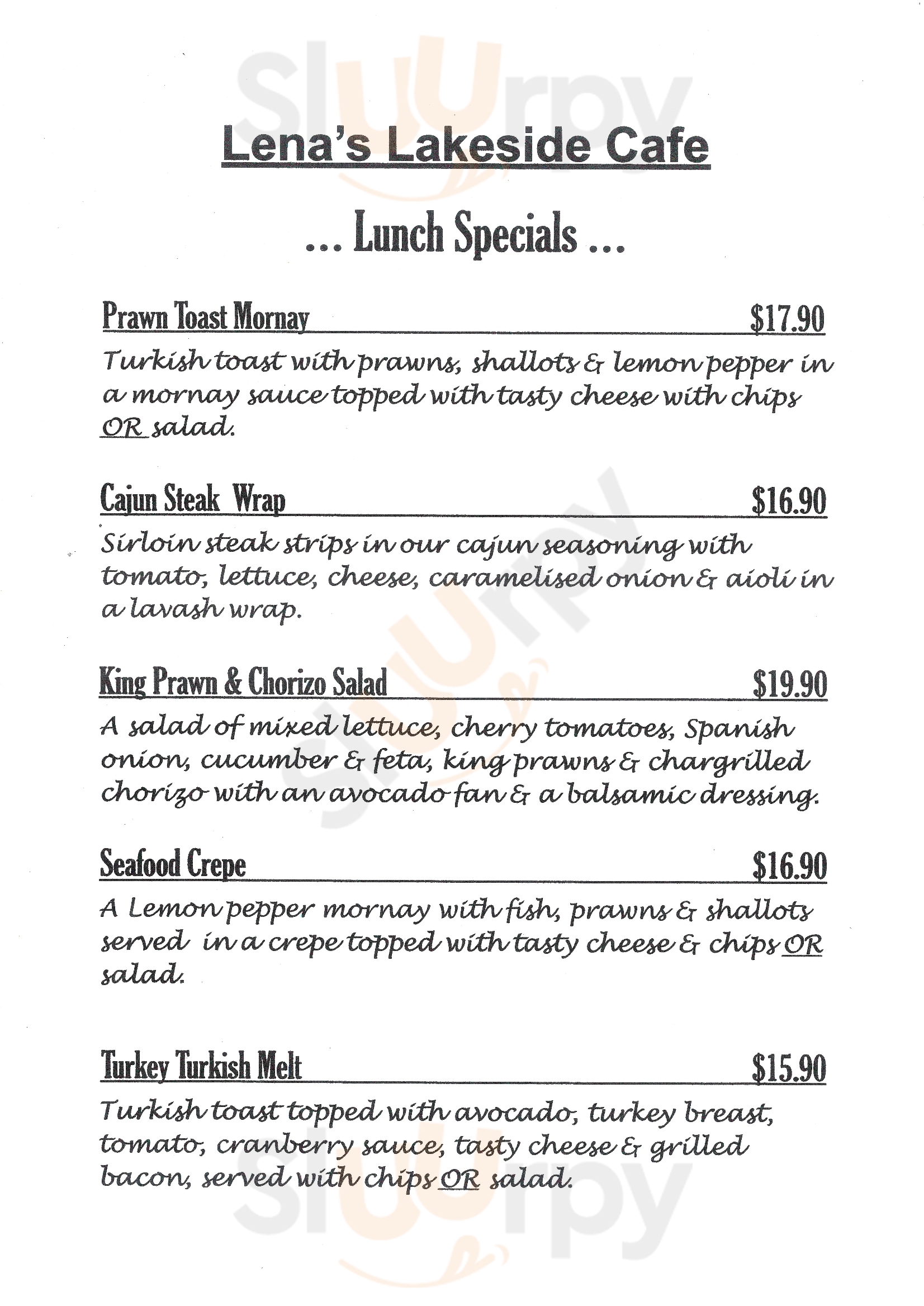 Lena's Lakeside Cafe menù, Warners Bay Main Menu Sluurpy