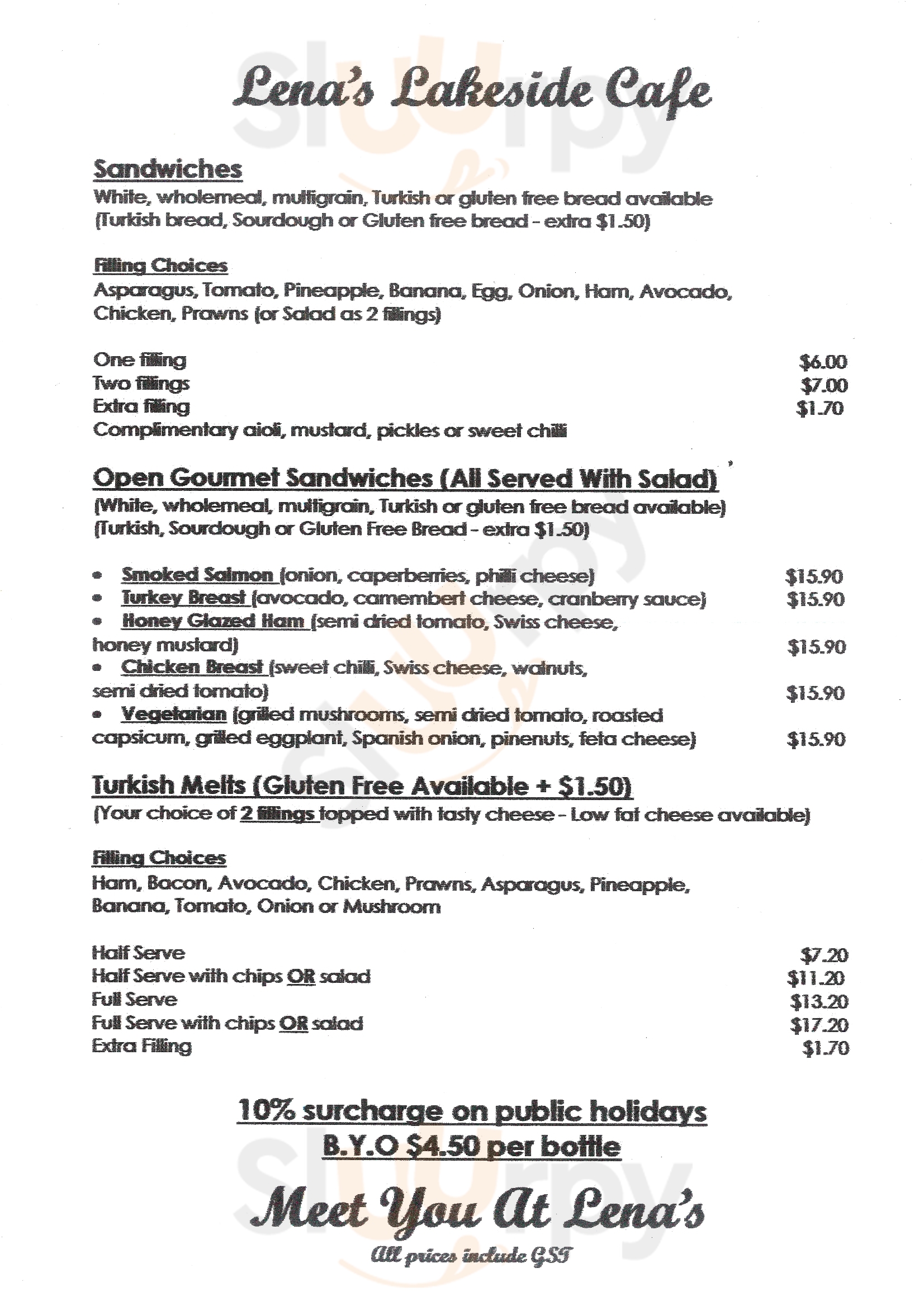 Lena's Lakeside Cafe menù, Warners Bay Main Menu Sluurpy