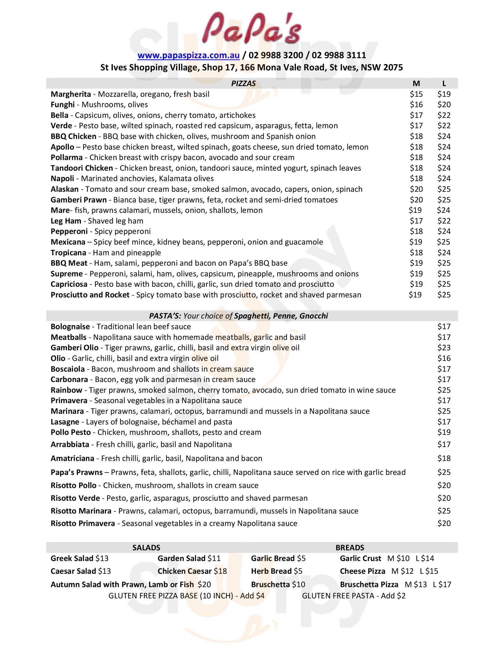 Papa's Pizza & Pasta menù, St. Ives Main Menu Sluurpy