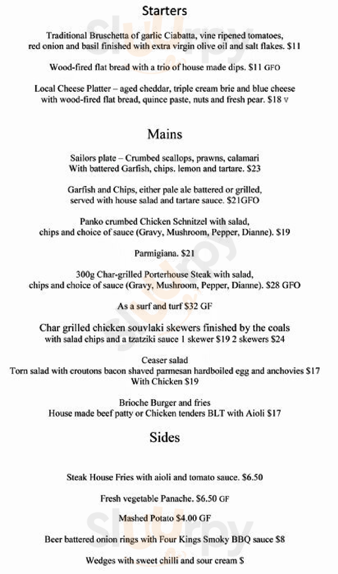 Adelaide Sailing Club menù, West Beach Main Menu Sluurpy