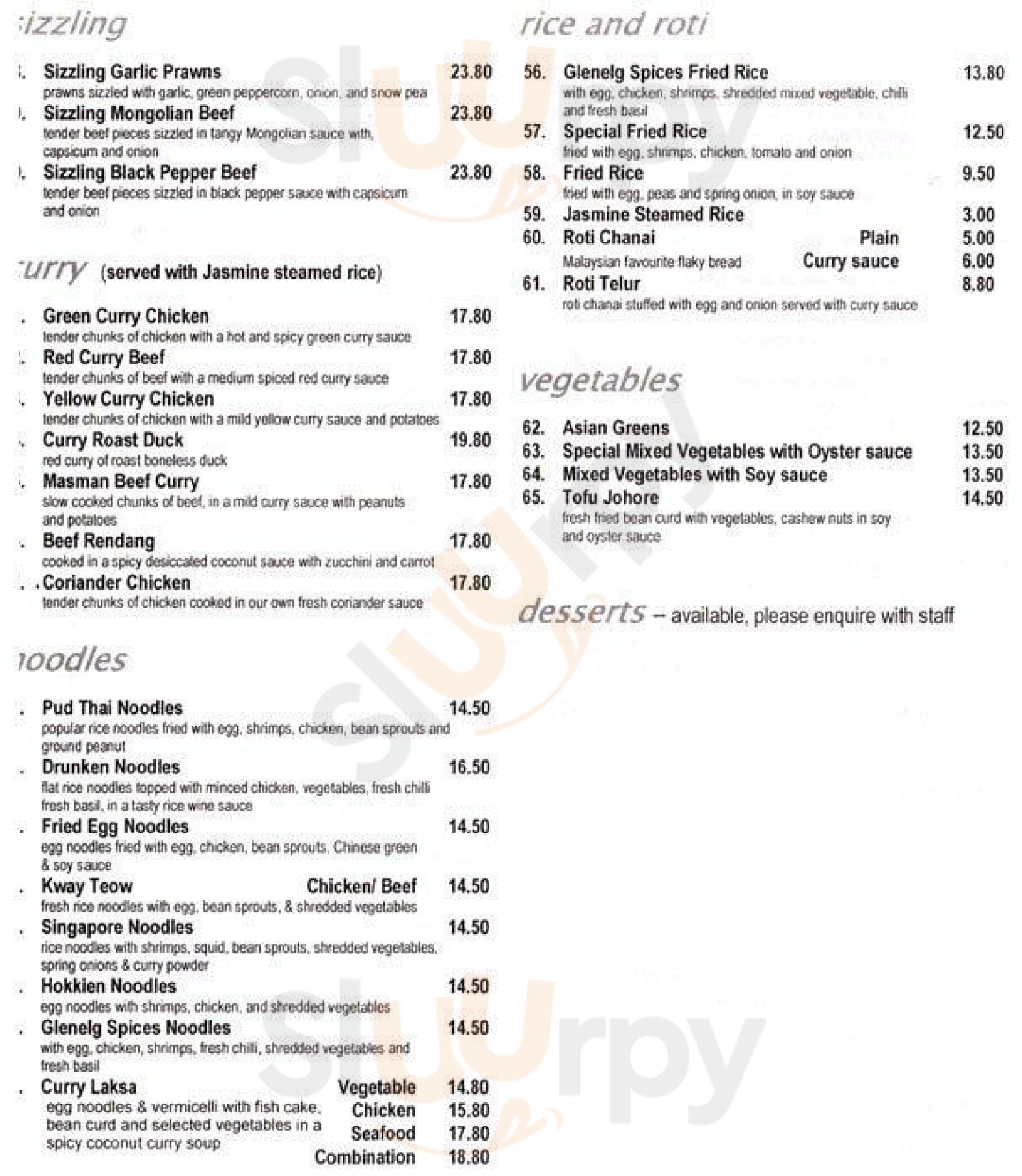 Spices Glenelg menù, Glenelg Main Menu Sluurpy