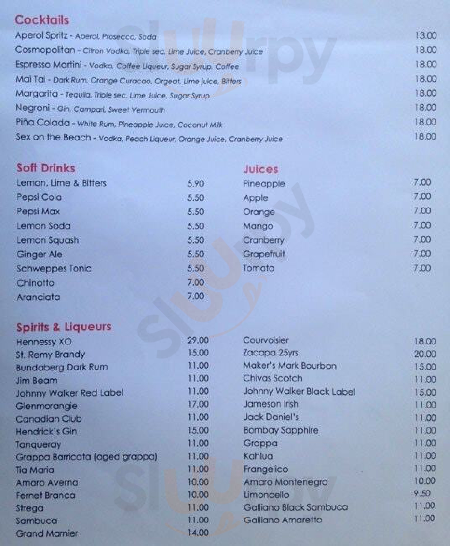 Bellissimo Cafe menù, Claremont Main Menu Sluurpy