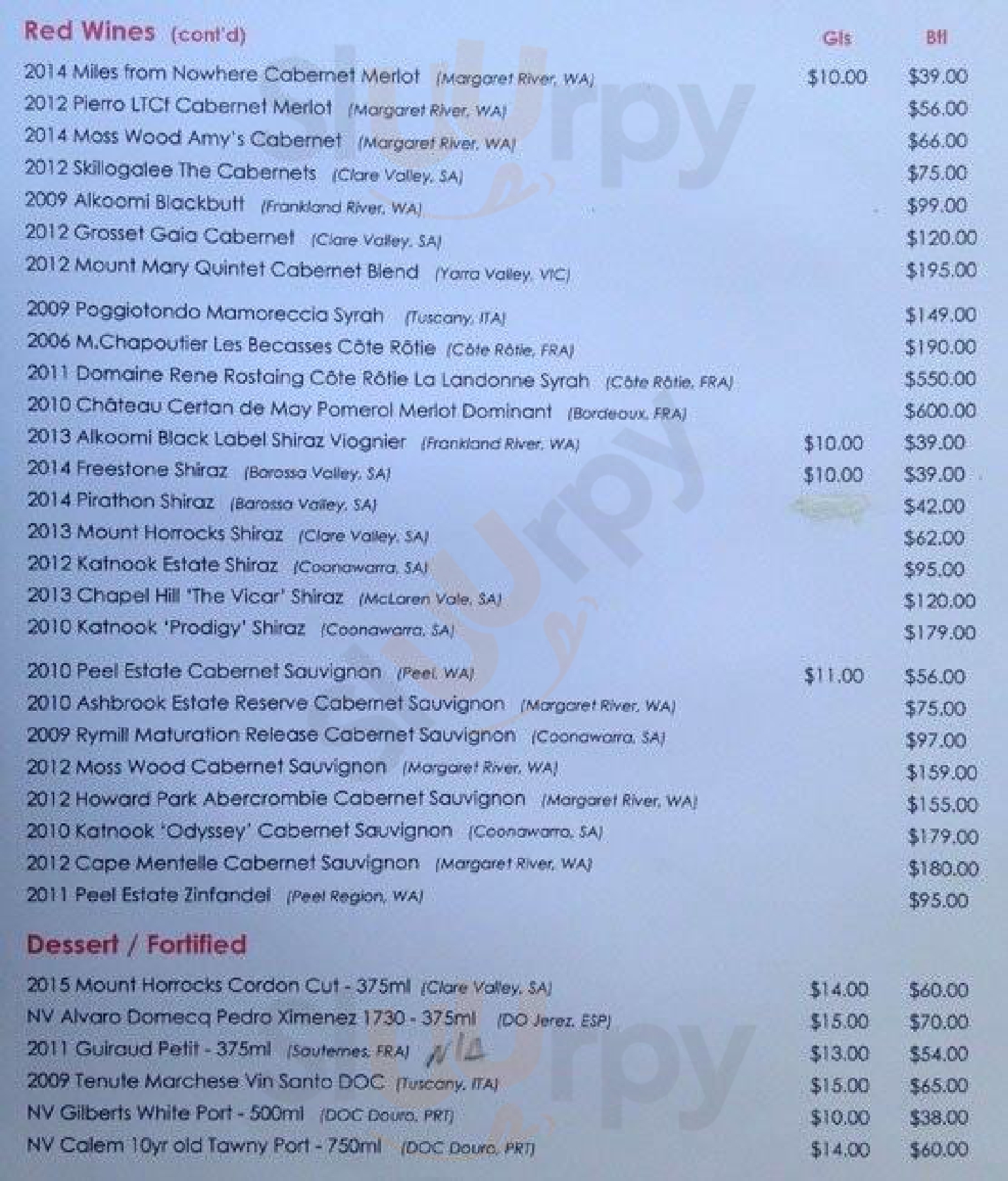 Bellissimo Cafe menù, Claremont Main Menu Sluurpy