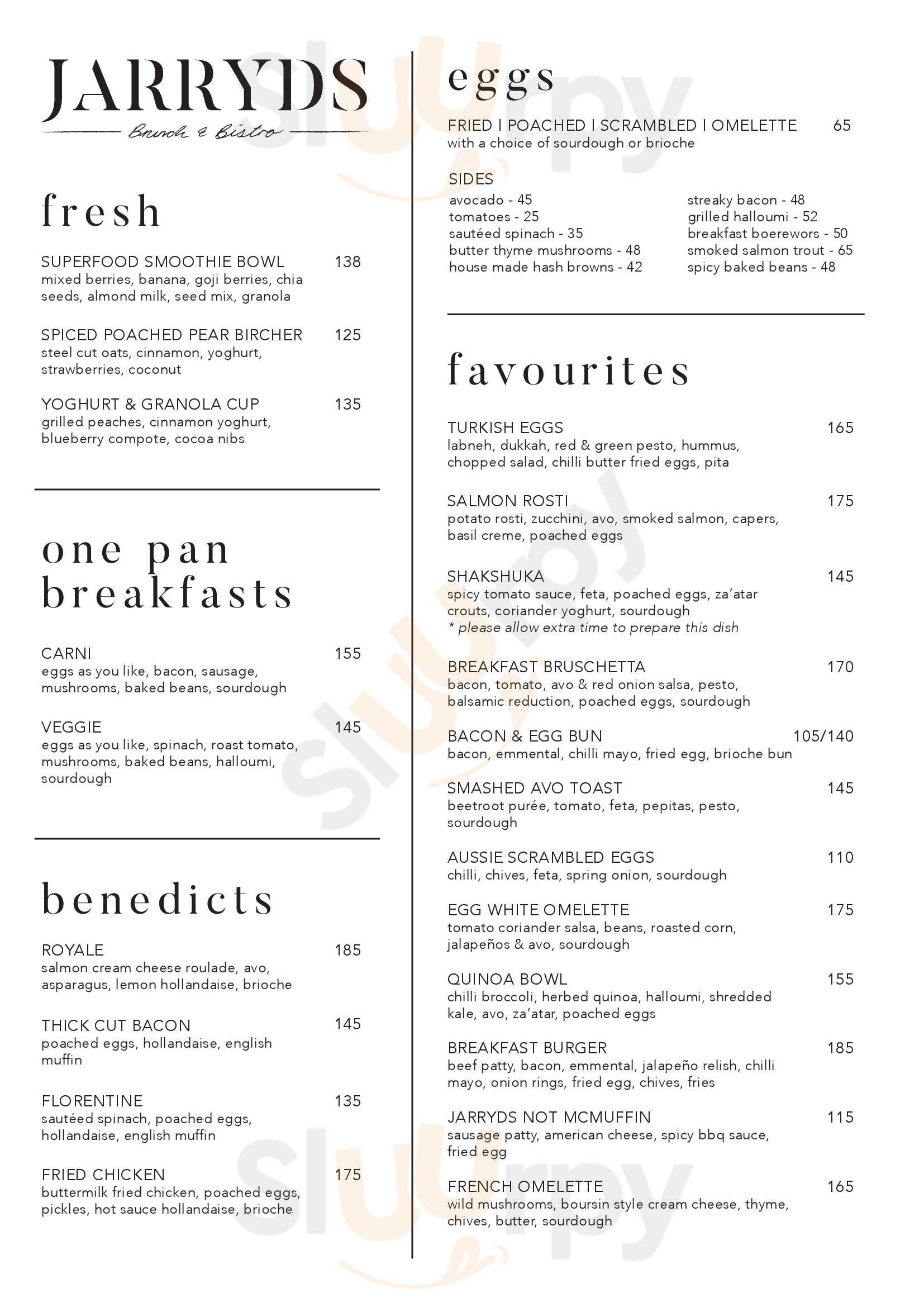 Jarryds Brunch & Bistro menù, Cape Town Central Main Menu Sluurpy