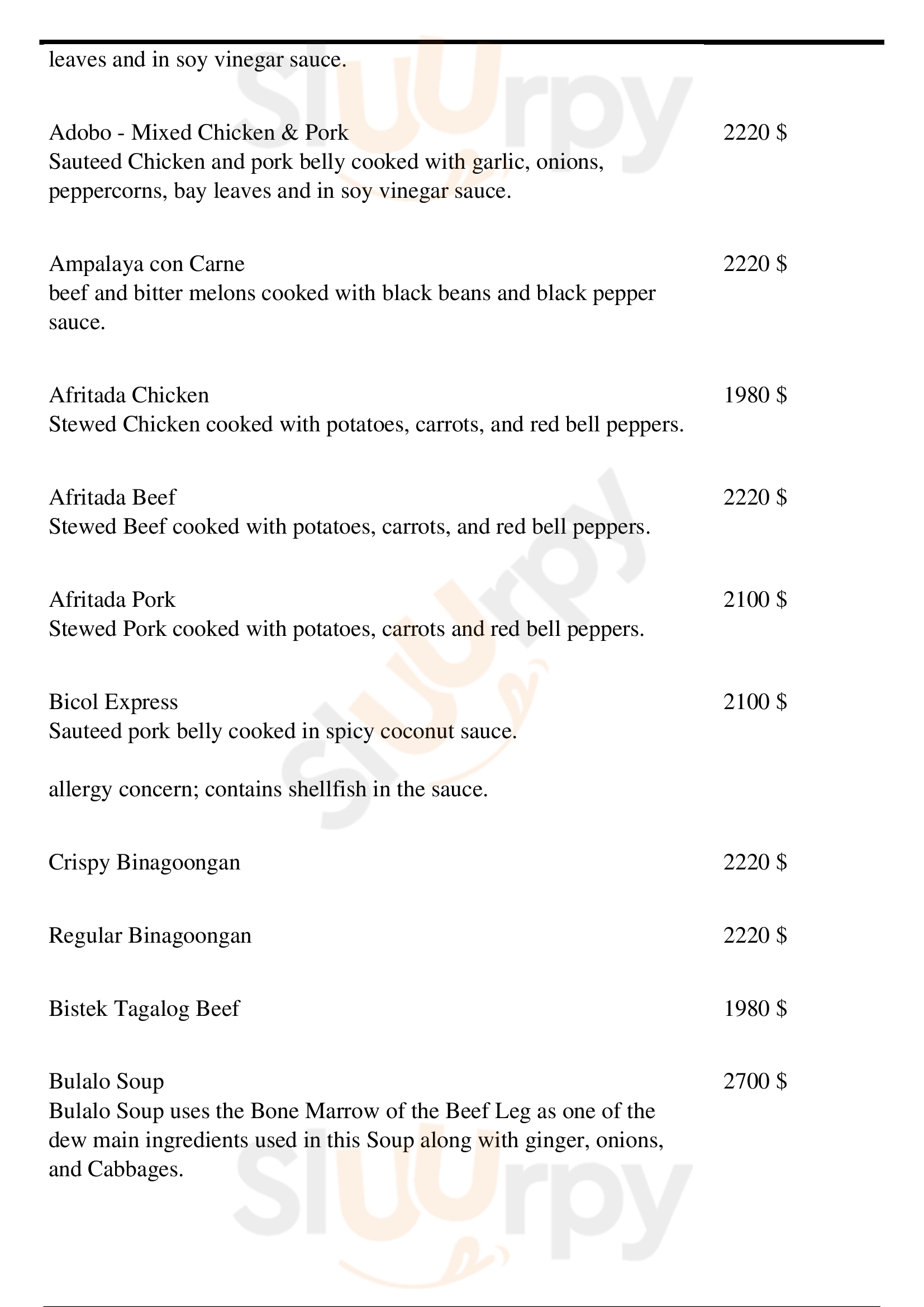 Paolo’s Dinein menù, Calgary Main Menu Sluurpy