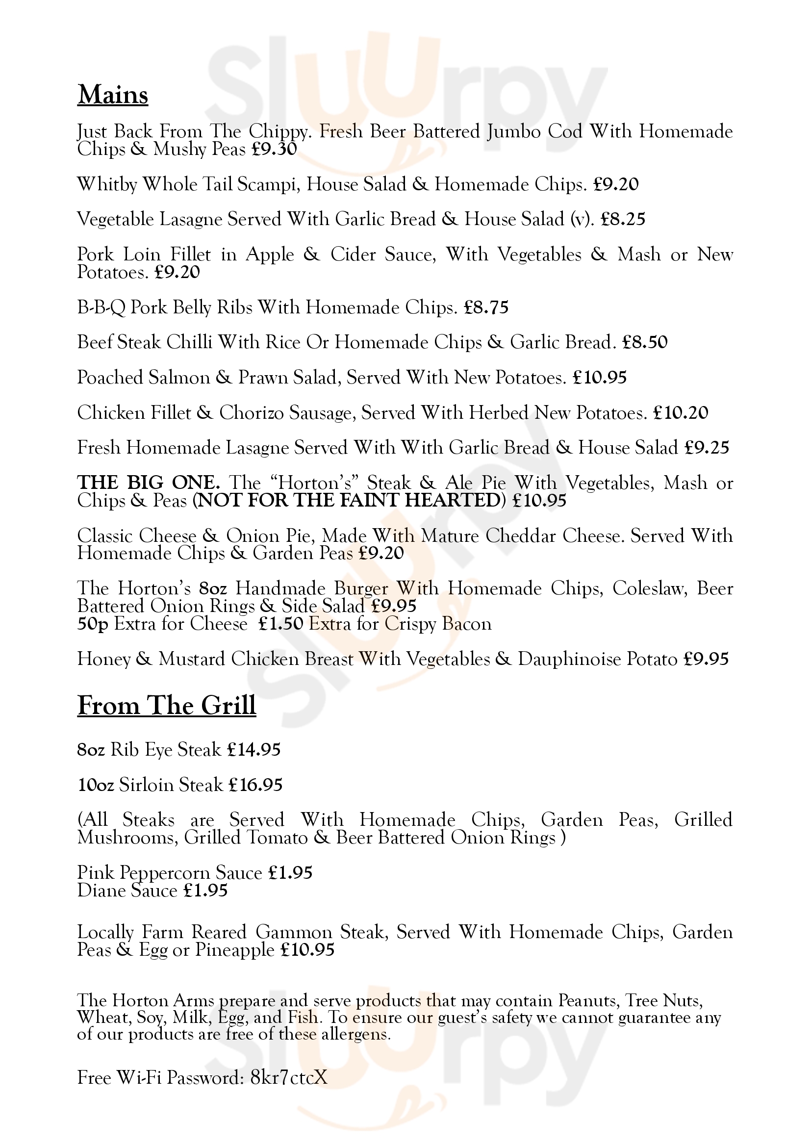 Horton Arms menù, Oldham Main Menu Sluurpy