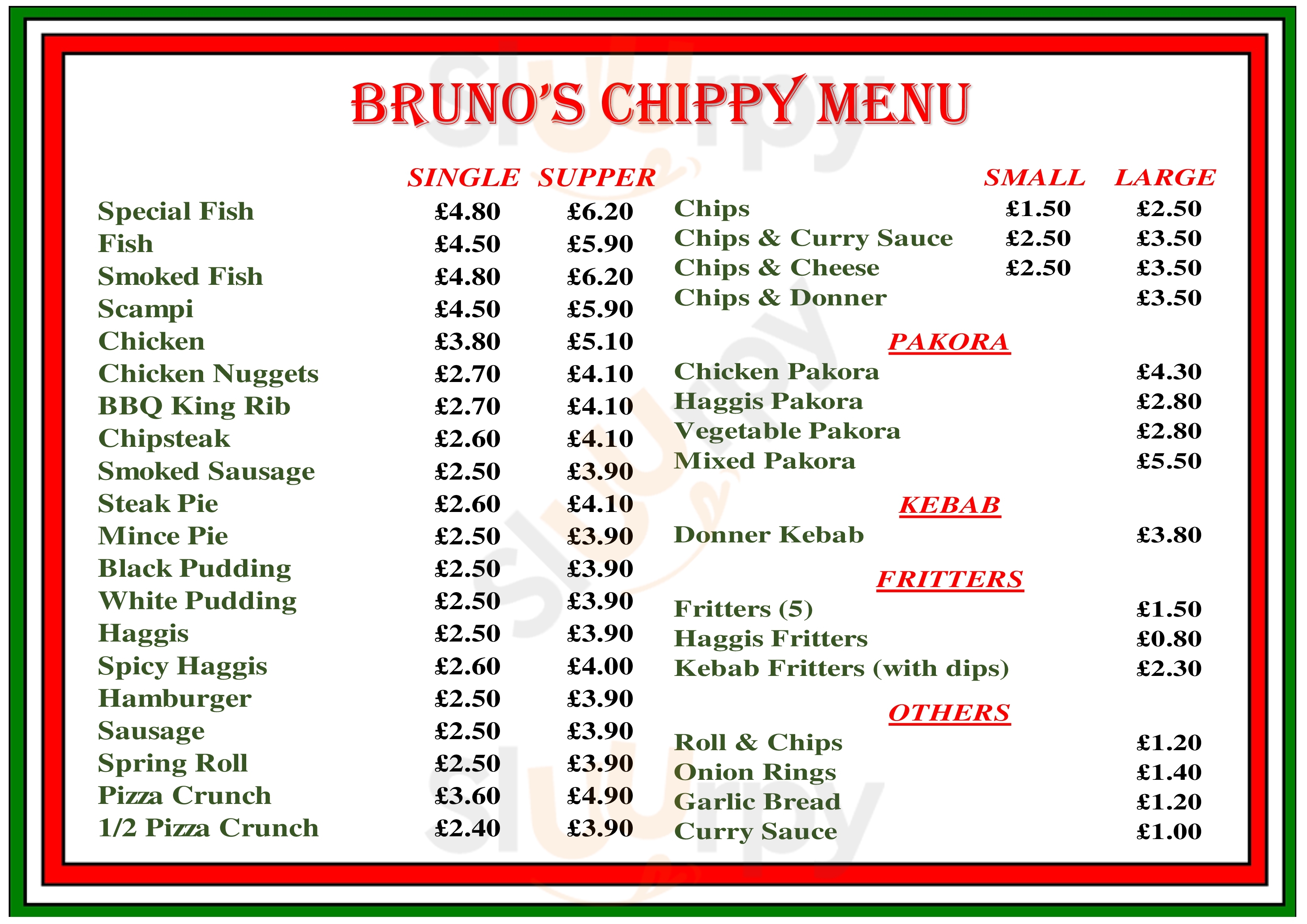 Bruno's Take Away menù, Bannockburn Main Menu Sluurpy