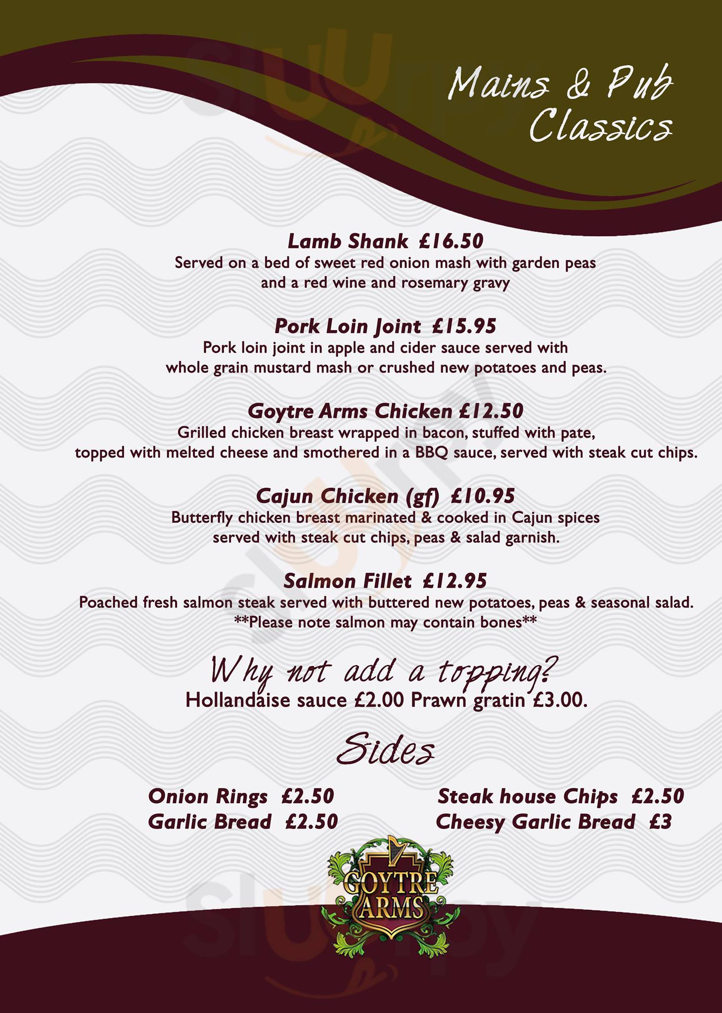 The Goytre Arms menù, Pontypool Main Menu Sluurpy