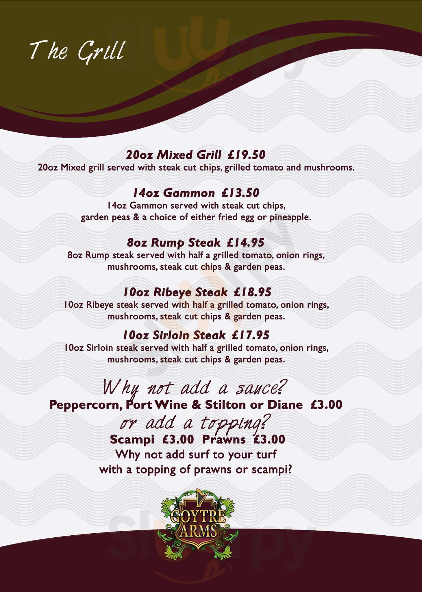 The Goytre Arms menù, Pontypool Main Menu Sluurpy