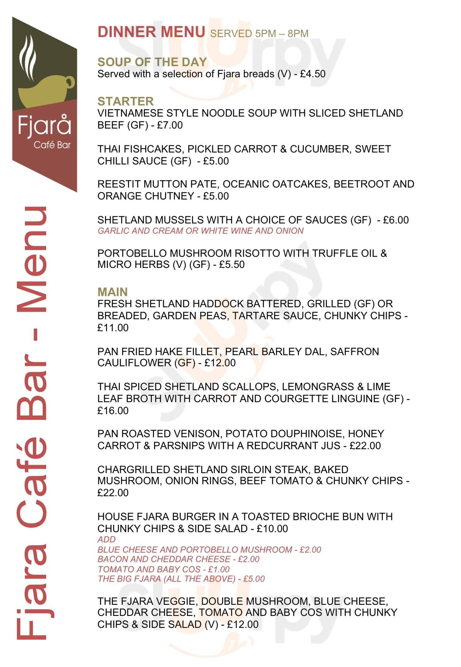 Fjara Cafe Bar menù, Lerwick Main Menu Sluurpy