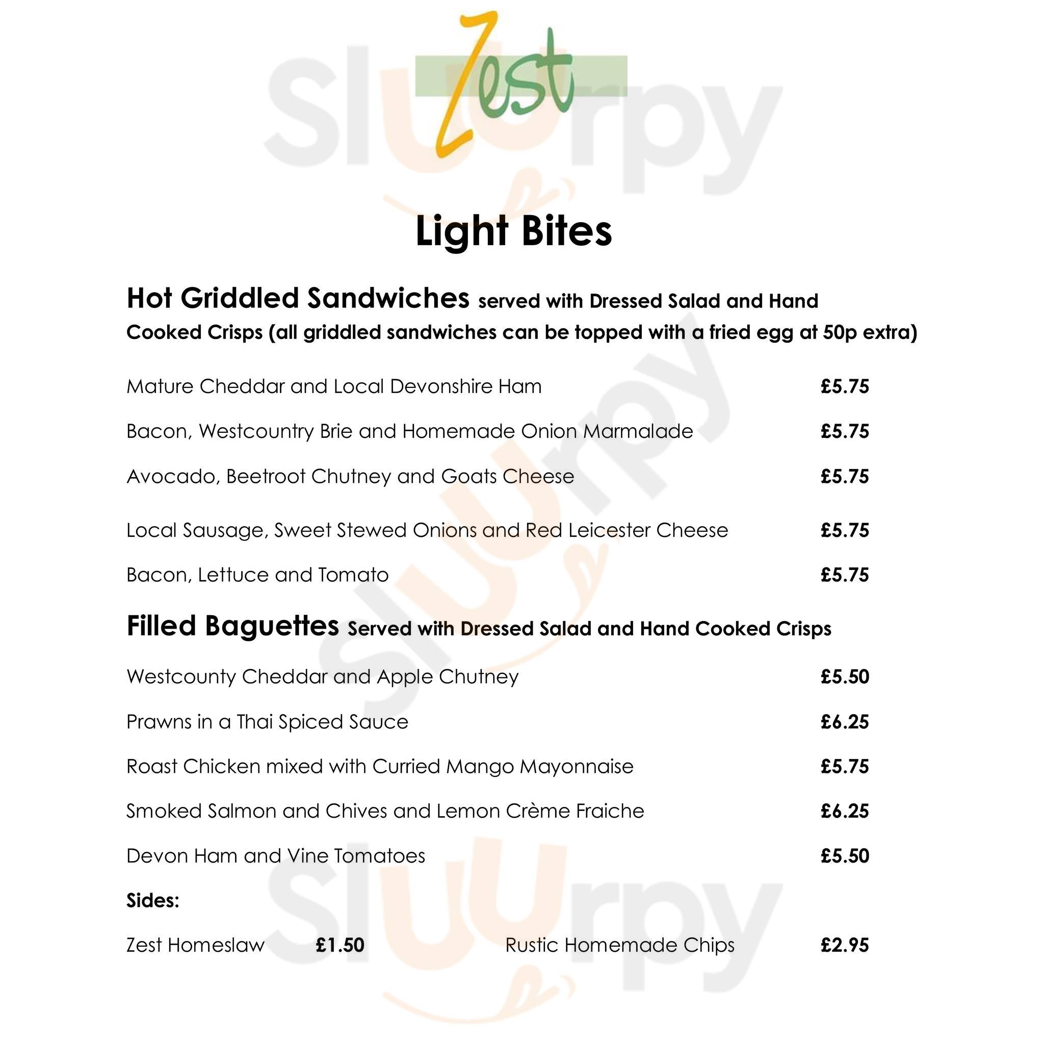 Zest Cafe menù, Honiton Main Menu Sluurpy