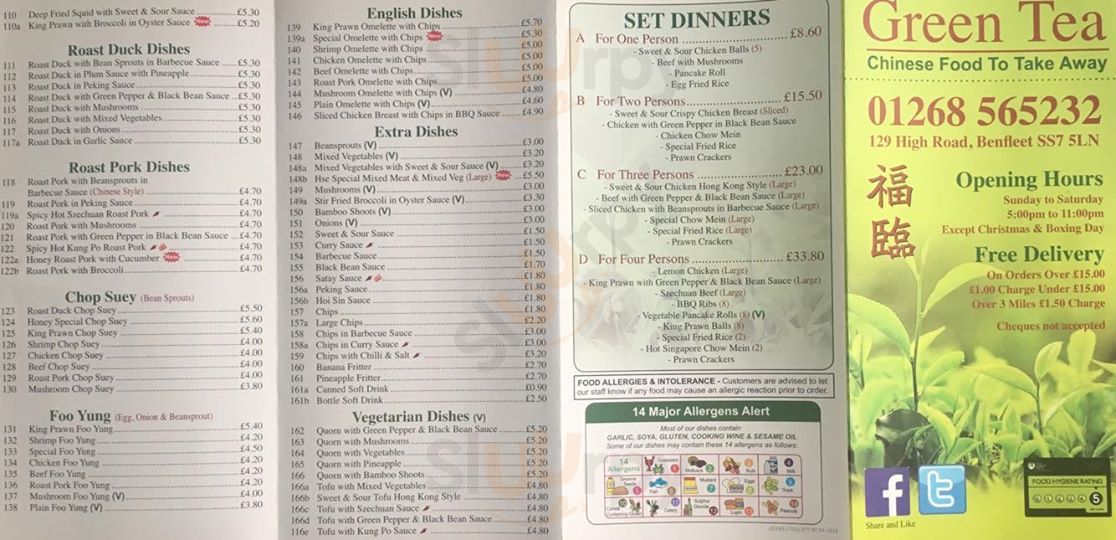 Green Tea Chinese Takeaway Benfleet menù, Benfleet Main Menu Sluurpy