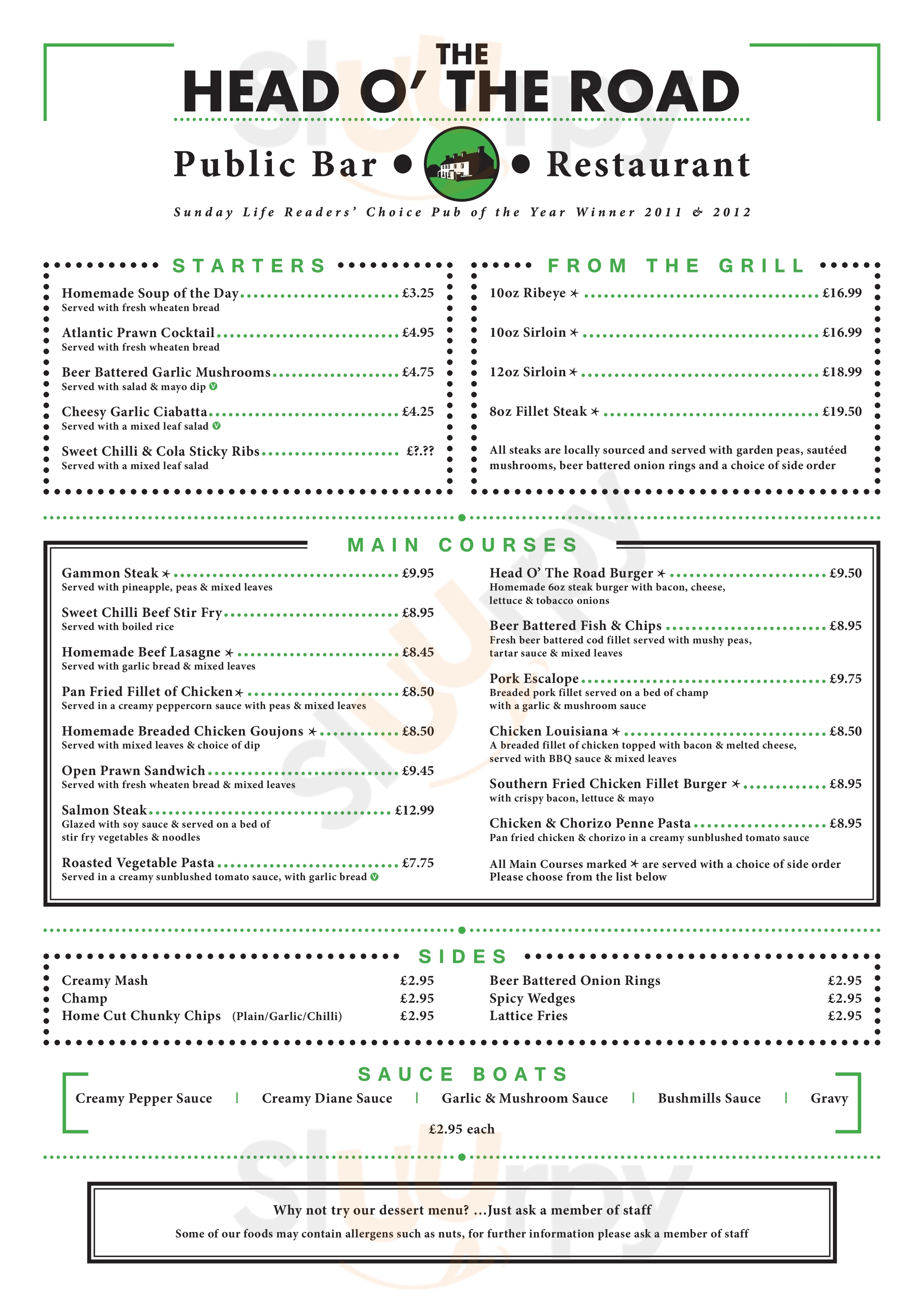 The Head O The Road menù, Portadown Main Menu Sluurpy