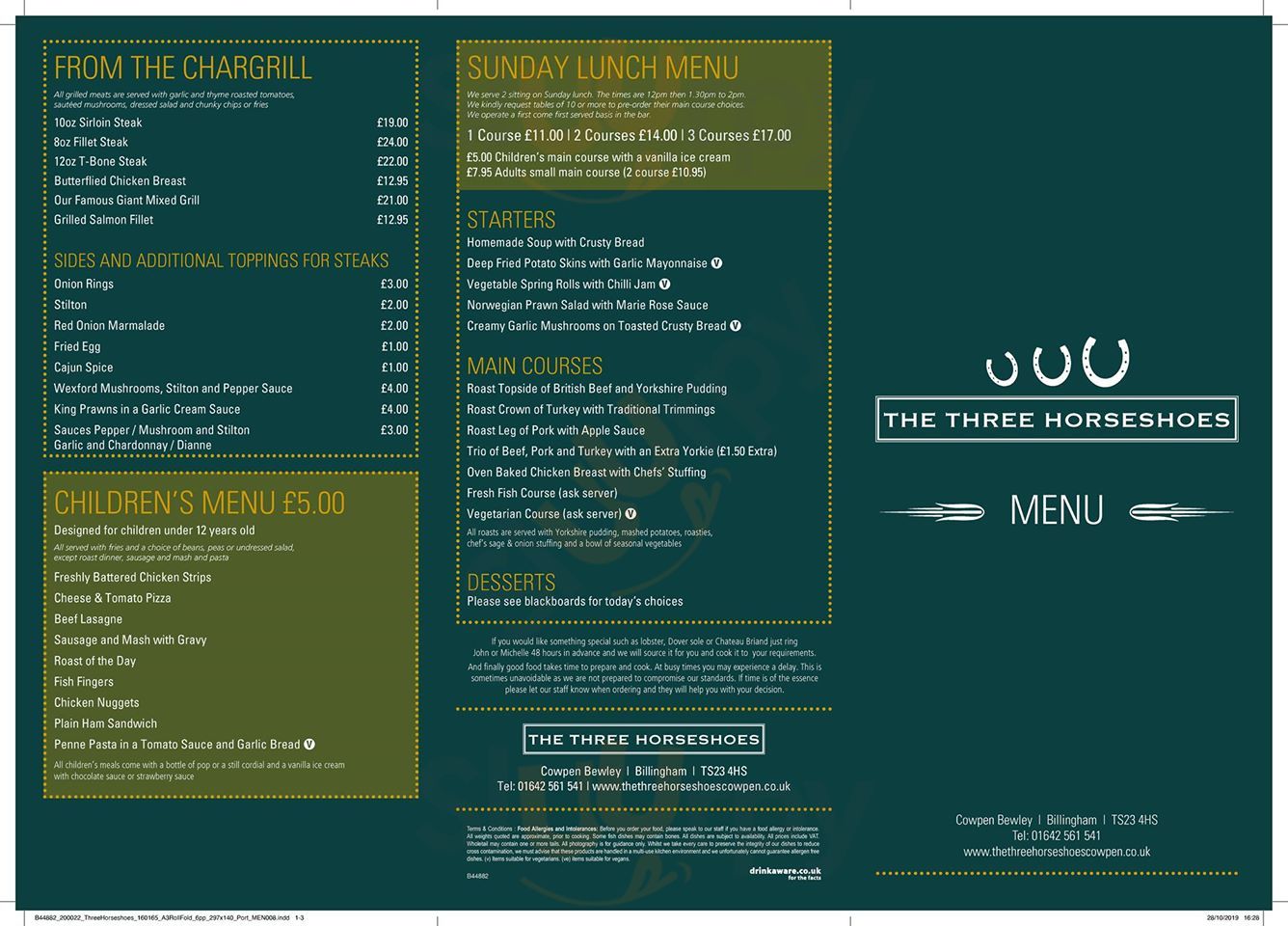 The Three Horseshoes menù, Cowpen Bewley Main Menu Sluurpy