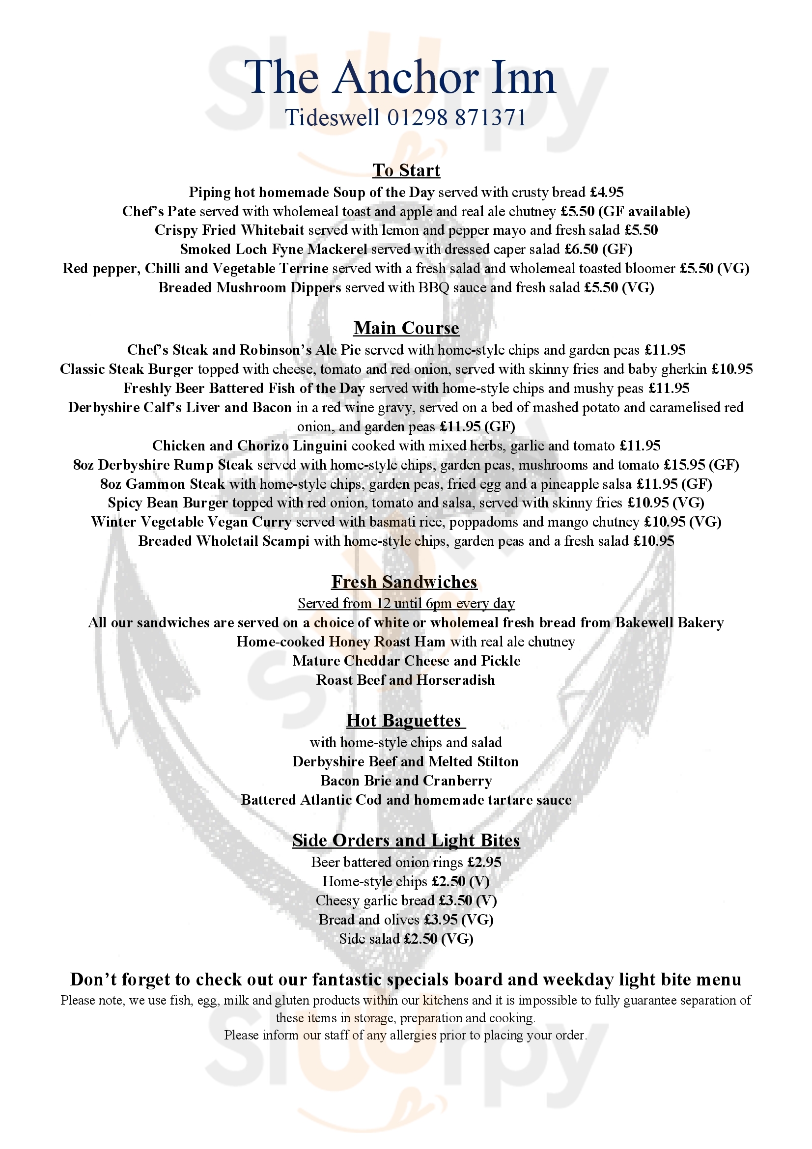 The Anchor Inn menù, Tideswell Main Menu Sluurpy