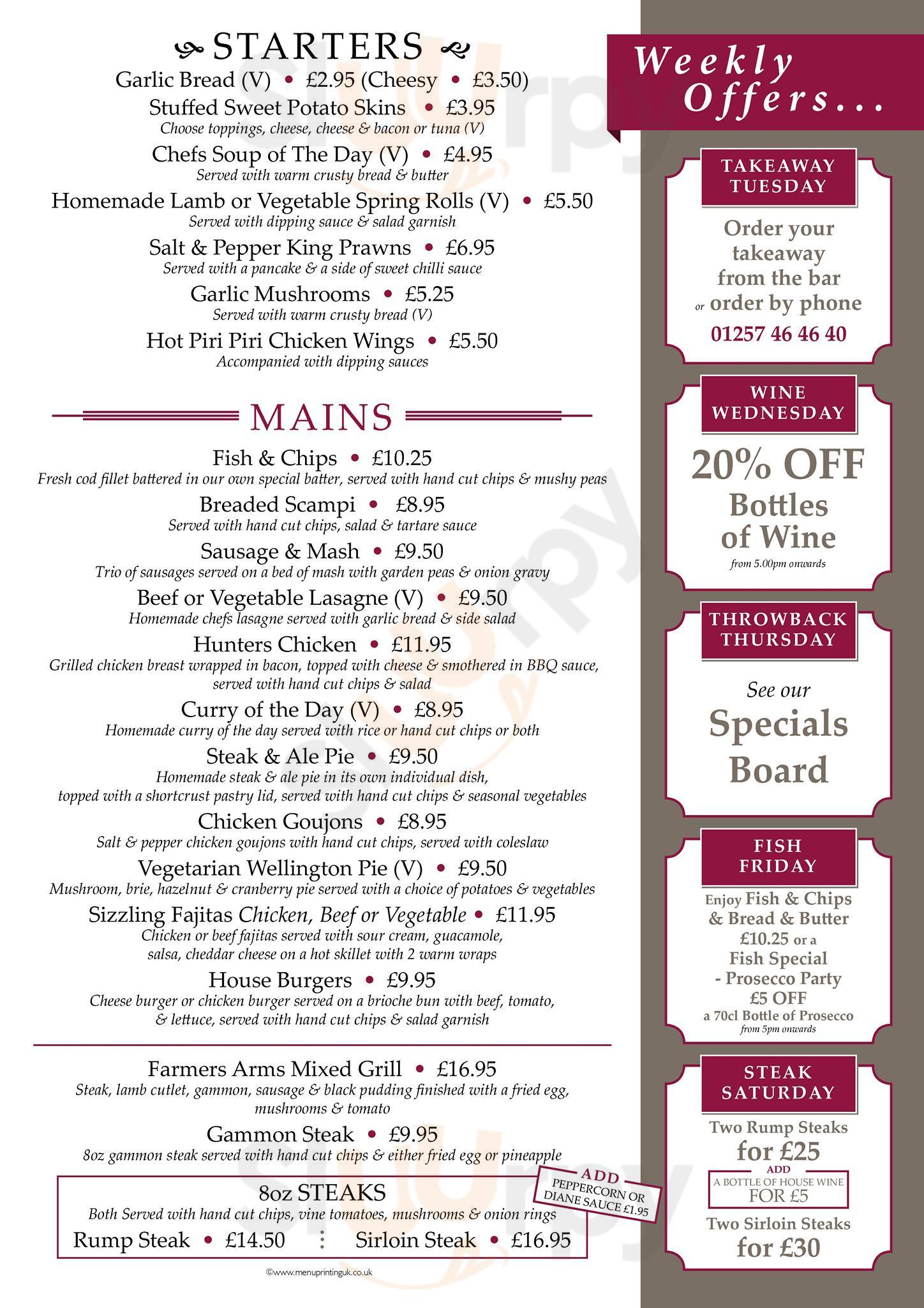 The Farmers Arms menù, Parbold Main Menu Sluurpy