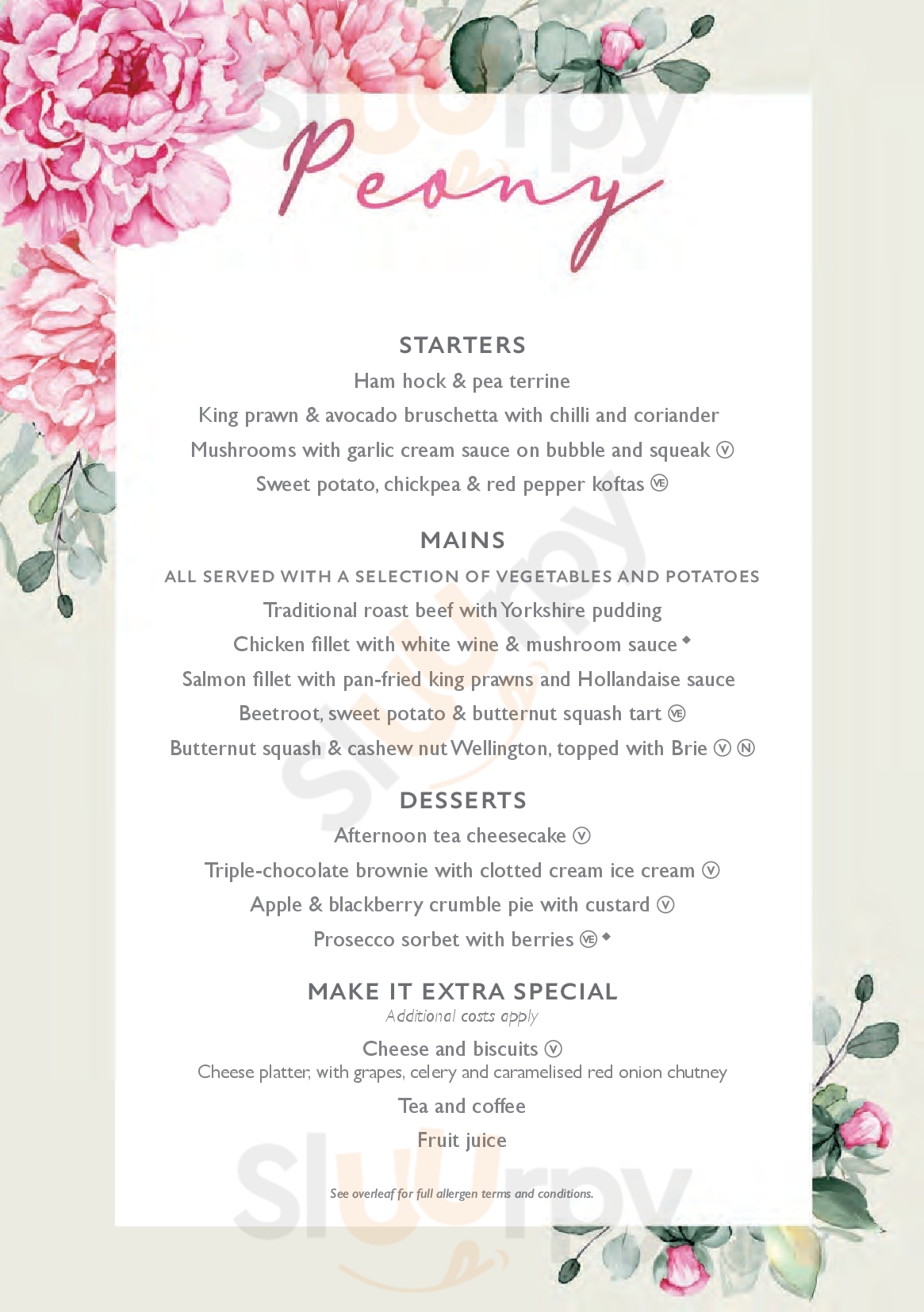 The Queens Head menù, Milton Ernest Main Menu Sluurpy