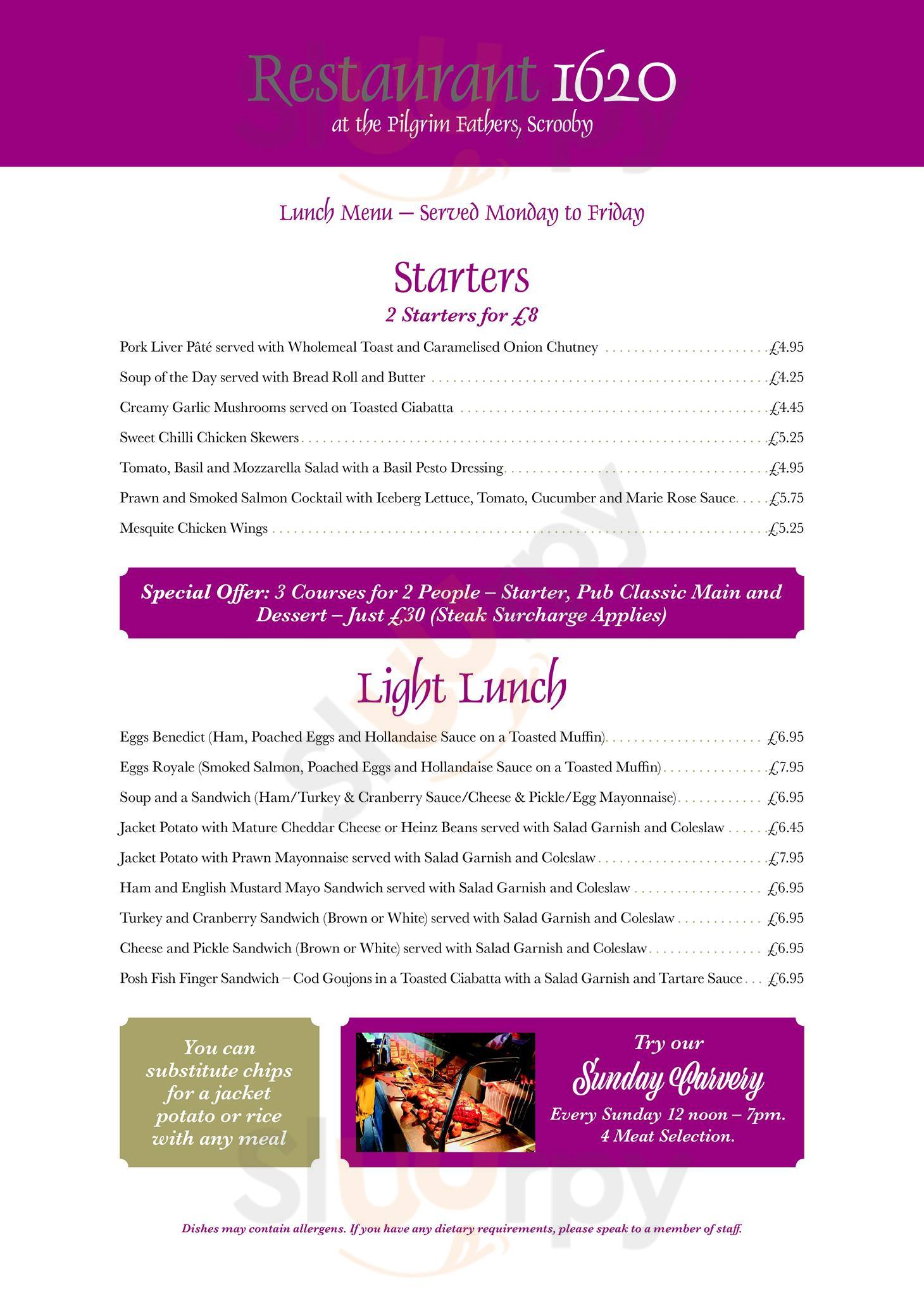 The Pilgrim Fathers menù, Scrooby Main Menu Sluurpy