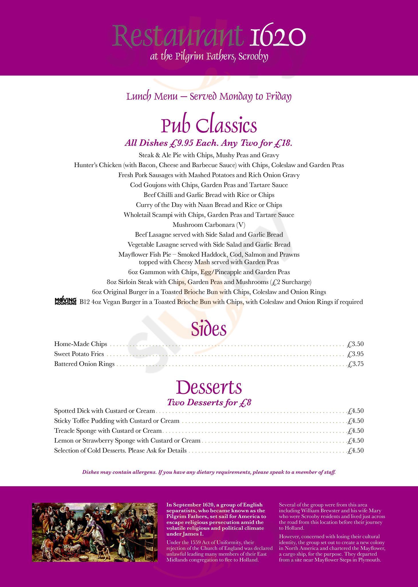 The Pilgrim Fathers menù, Scrooby Main Menu Sluurpy