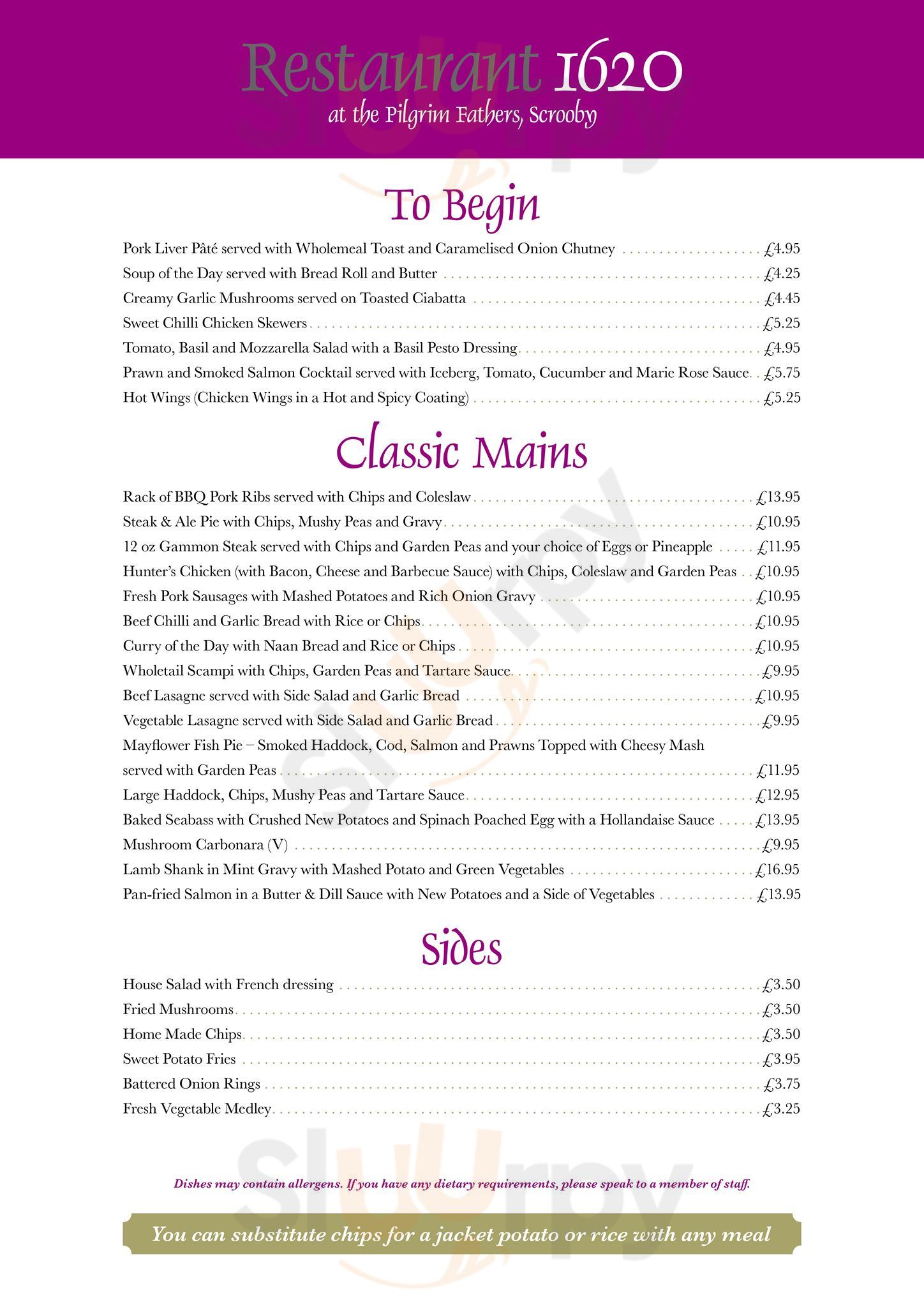 The Pilgrim Fathers menù, Scrooby Main Menu Sluurpy